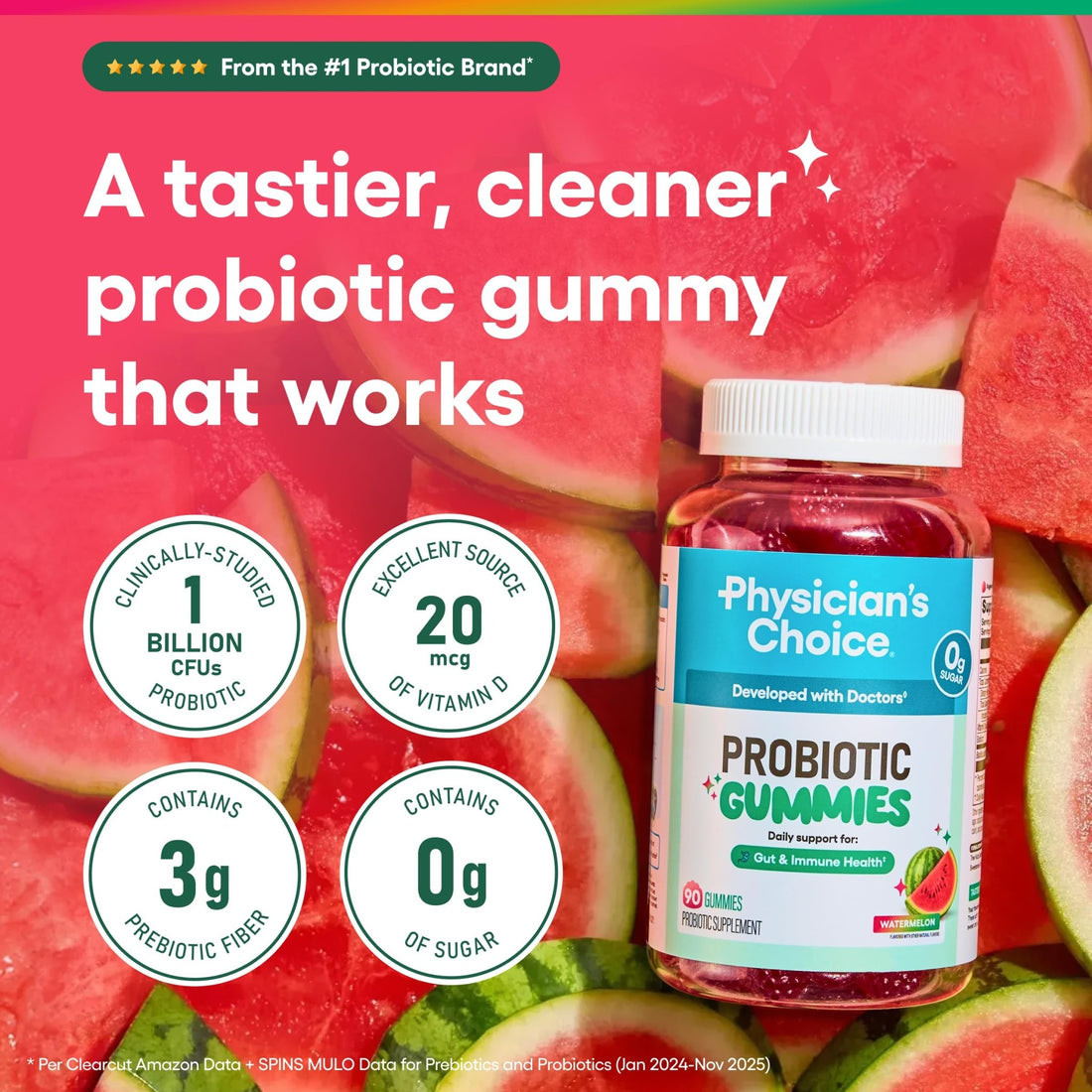 Physician's CHOICE Probiotic Gummies with Vitamin D & Prebiotic Fiber - Sugar Free - 1B CFUs of Clinically Studied Probiotic - Supports Immune & Gut Health - OzHealthStandard