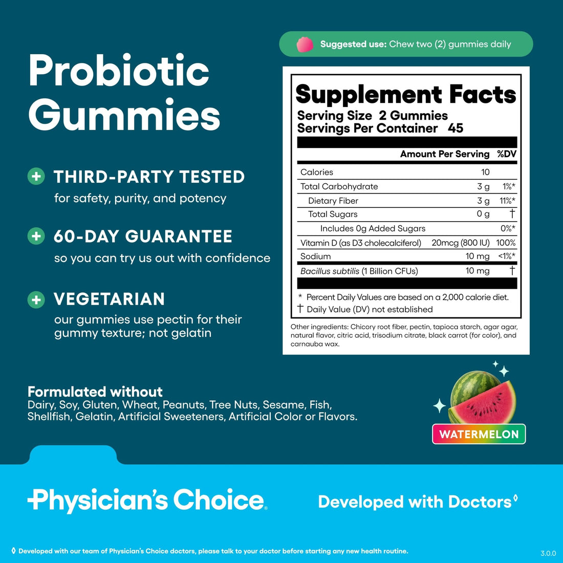 Physician's CHOICE Probiotic Gummies with Vitamin D & Prebiotic Fiber - Sugar Free - 1B CFUs of Clinically Studied Probiotic - Supports Immune & Gut Health - OzHealthStandard