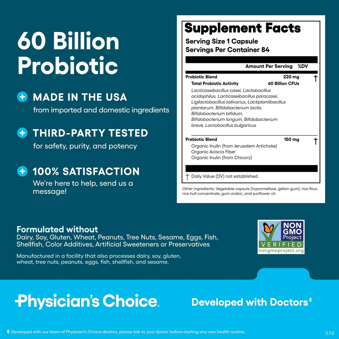 Physician's CHOICE Probiotics 60 Billion CFU - 10 Strains + Organic Prebiotics - Immune, Digestive & Gut Health - Supports Occasional Constipation, Diarrhea, Gas & Bloating - for Women & Men - 84ct - OzHealthStandard