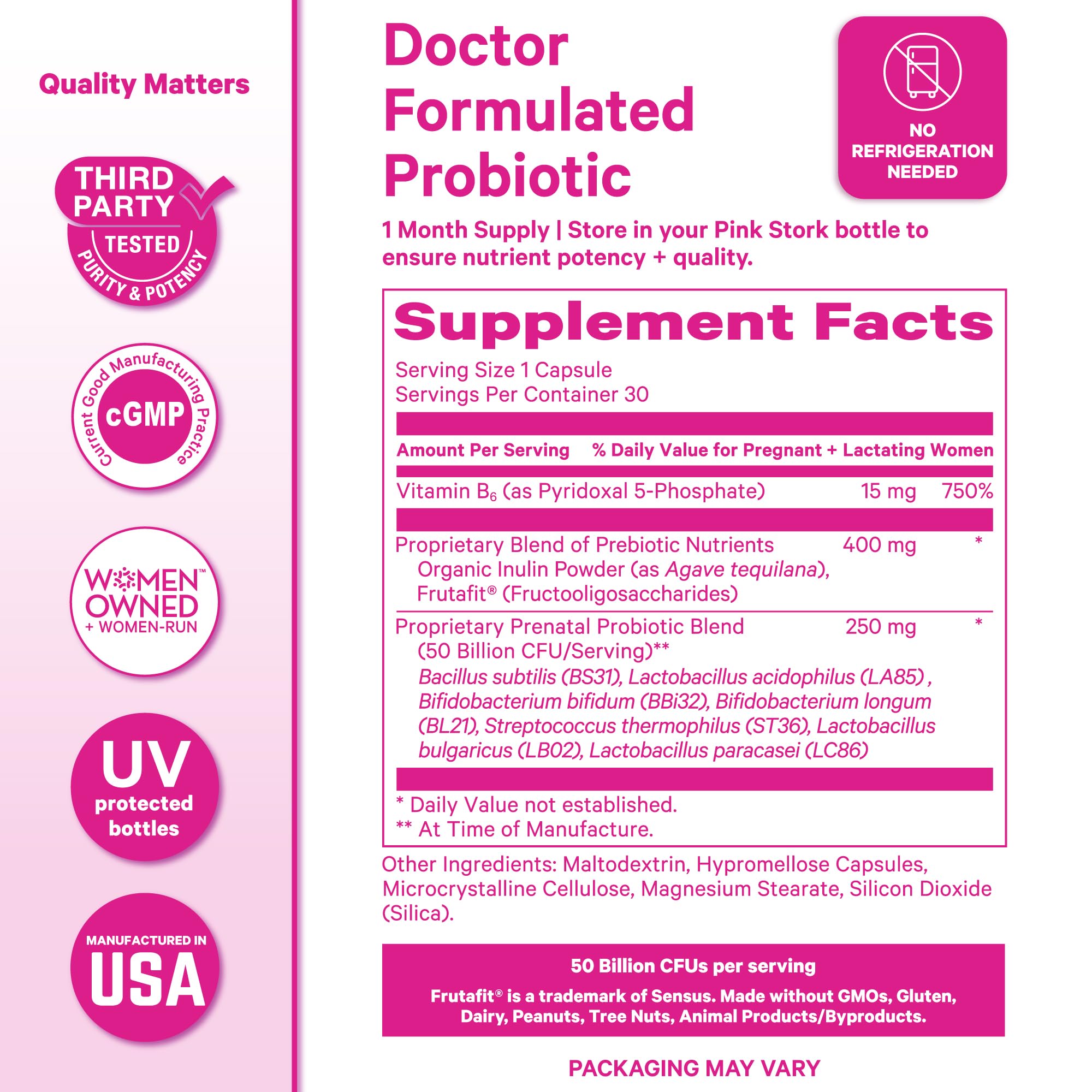 Pink Stork Prenatal Probiotic for Women with 50 Billion CFU | Vitamin B6 & Prebiotics | Pregnancy Probiotics for Morning Sickness | Digestive, Immune, & Gut Health | Vegan & Gluten-Free | 30 Capsules - OzHealthStandard