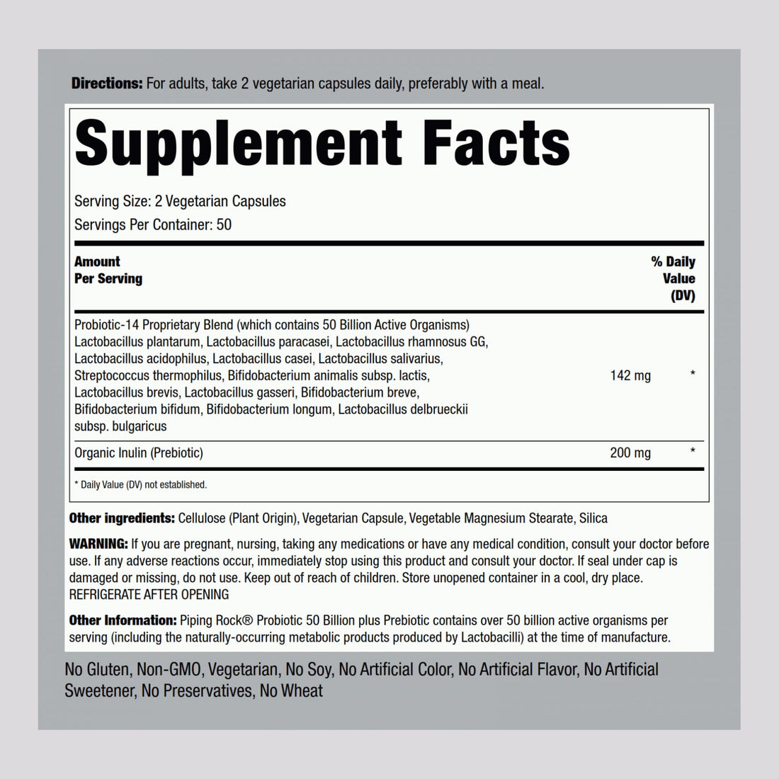 Piping Rock Probiotic and Prebiotic for Women and Men | 50 Billion CFU | 100 Capsules | Ultimate 14 Strain Supplement | Vegetarian, Non-GMO, Gluten Free - OzHealthStandard