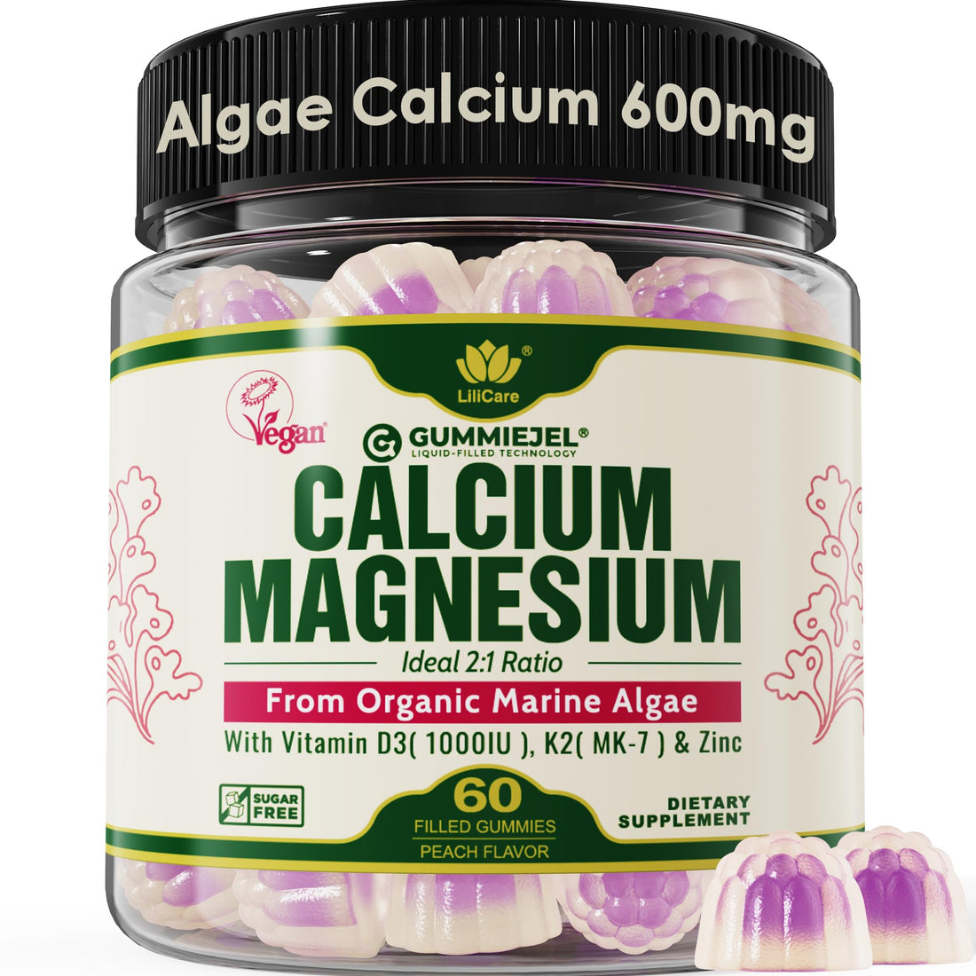Plant Based Calcium Gummies 600mg with Vitamin D3 K2, Magnesium, Zinc for Bone Strength, Sugar Free Calcium Supplements for Women & Men (Certified Vegan) - OzHealthStandard