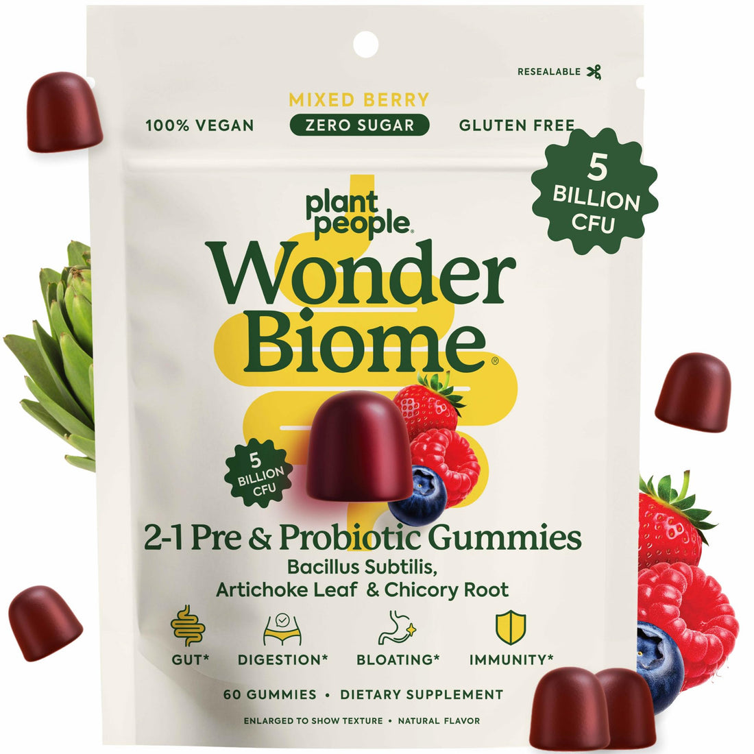 Plant People WonderBiome 2-in-1 Prebiotic + Probiotic Gummies – Zero-Sugar Vegan Digestive Health & Bloating Relief – 5 Billion CFU Bacillus Subtilis DE111 + Artichoke & Chicory – 60 Count - OzHealthStandard