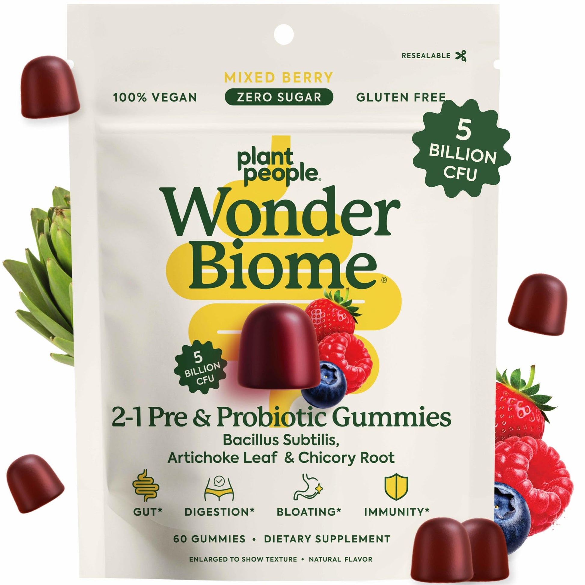 Plant People WonderBiome 2-in-1 Prebiotic + Probiotic Gummies – Zero-Sugar Vegan Digestive Health & Bloating Relief – 5 Billion CFU Bacillus Subtilis DE111 + Artichoke & Chicory – 60 Count - OzHealthStandard