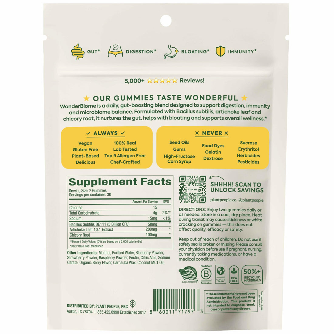 Plant People WonderBiome 2-in-1 Prebiotic + Probiotic Gummies – Zero-Sugar Vegan Digestive Health & Bloating Relief – 5 Billion CFU Bacillus Subtilis DE111 + Artichoke & Chicory – 60 Count - OzHealthStandard