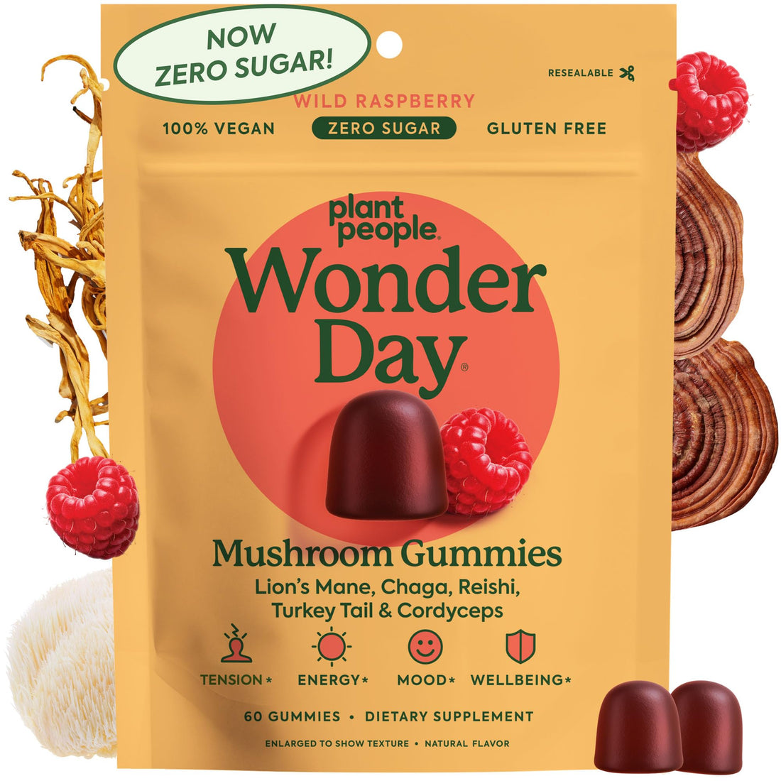 Plant People WonderDay Mushroom Gummies - Lion’s Mane, Cordyceps, Chaga Mushroom Supplement to Support Immune System De-Stress Boost Mood & Energy in Adults Natural - OzHealthStandard