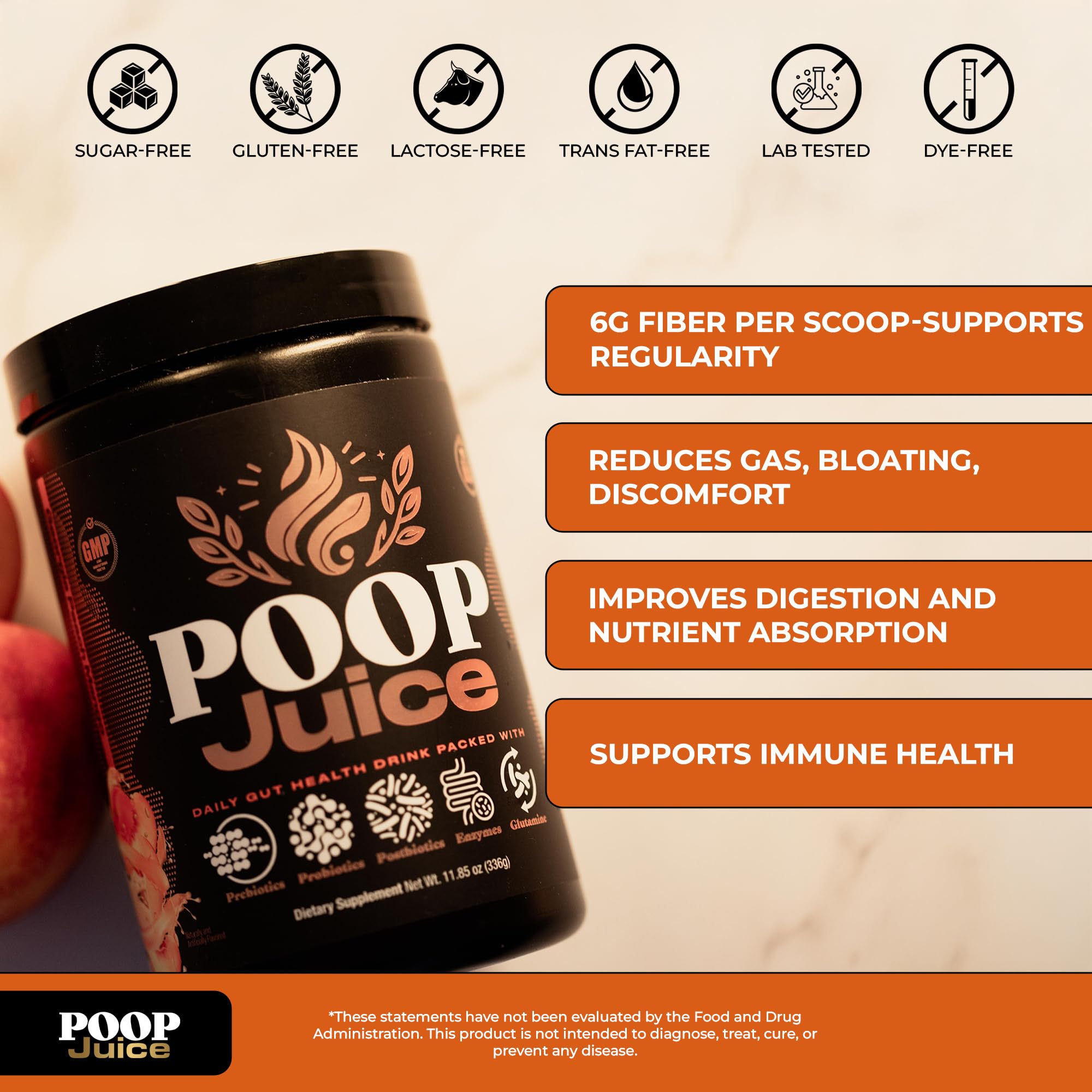 Poop Juice 5-in-1 Daily Fiber Supplement Powder - Bloat & Poop Relief - Prebiotic, Probiotic, Postbiotic, Digestive Enzymes, L-Glutamine - GLP-1 Support - Sugar-Free Georgia Peach Mango (30 Servings) - OzHealthStandard
