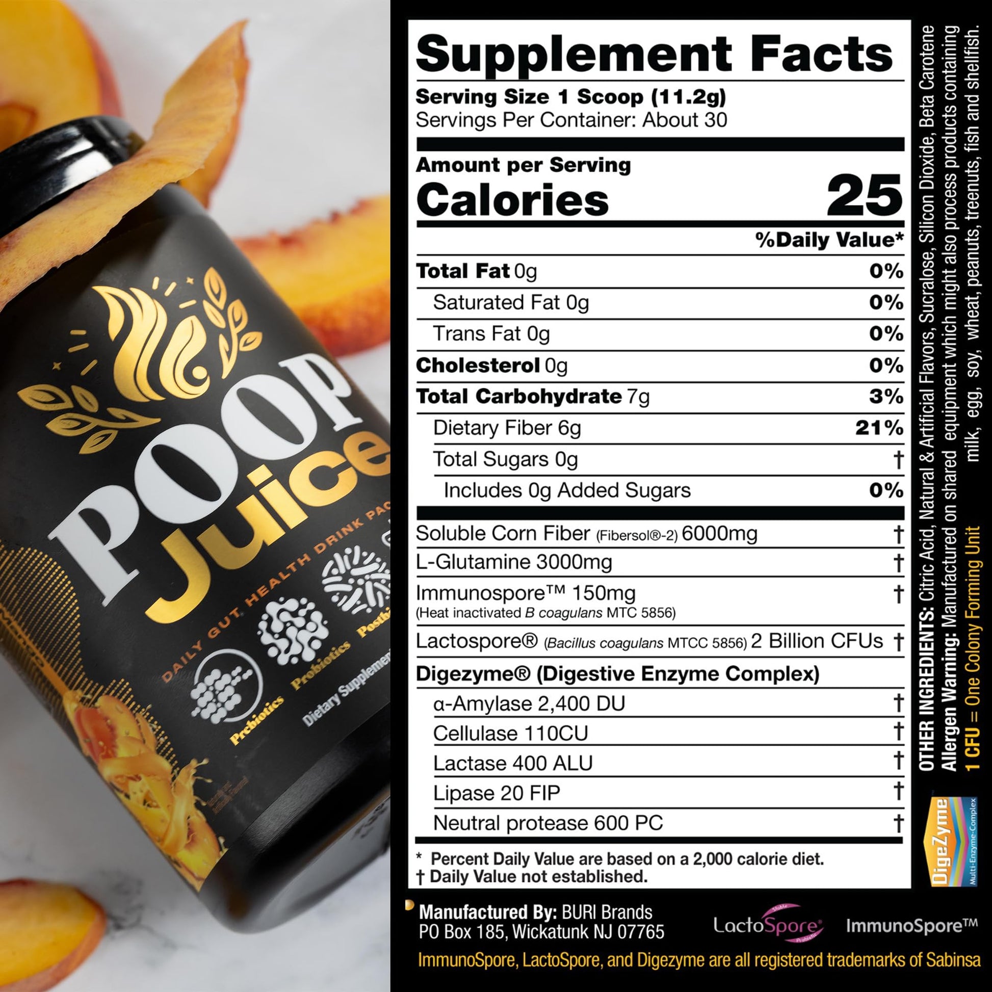 Poop Juice 5-in-1 Daily Fiber Supplement Powder - Bloat & Poop Relief - Prebiotic, Probiotic, Postbiotic, Digestive Enzymes, L-Glutamine - GLP-1 Support - Sugar-Free Georgia Peach Mango (30 Servings) - OzHealthStandard