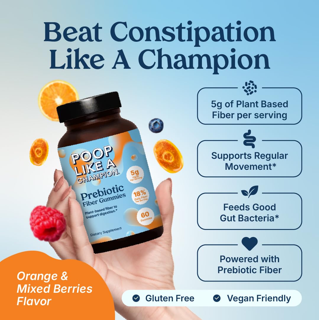Poop Like a Champion Fiber Gummies – 5g Fiber per Serving, Non-GMO, Vegan, Digestive Support, 60 Pieces per Bottle - OzHealthStandard