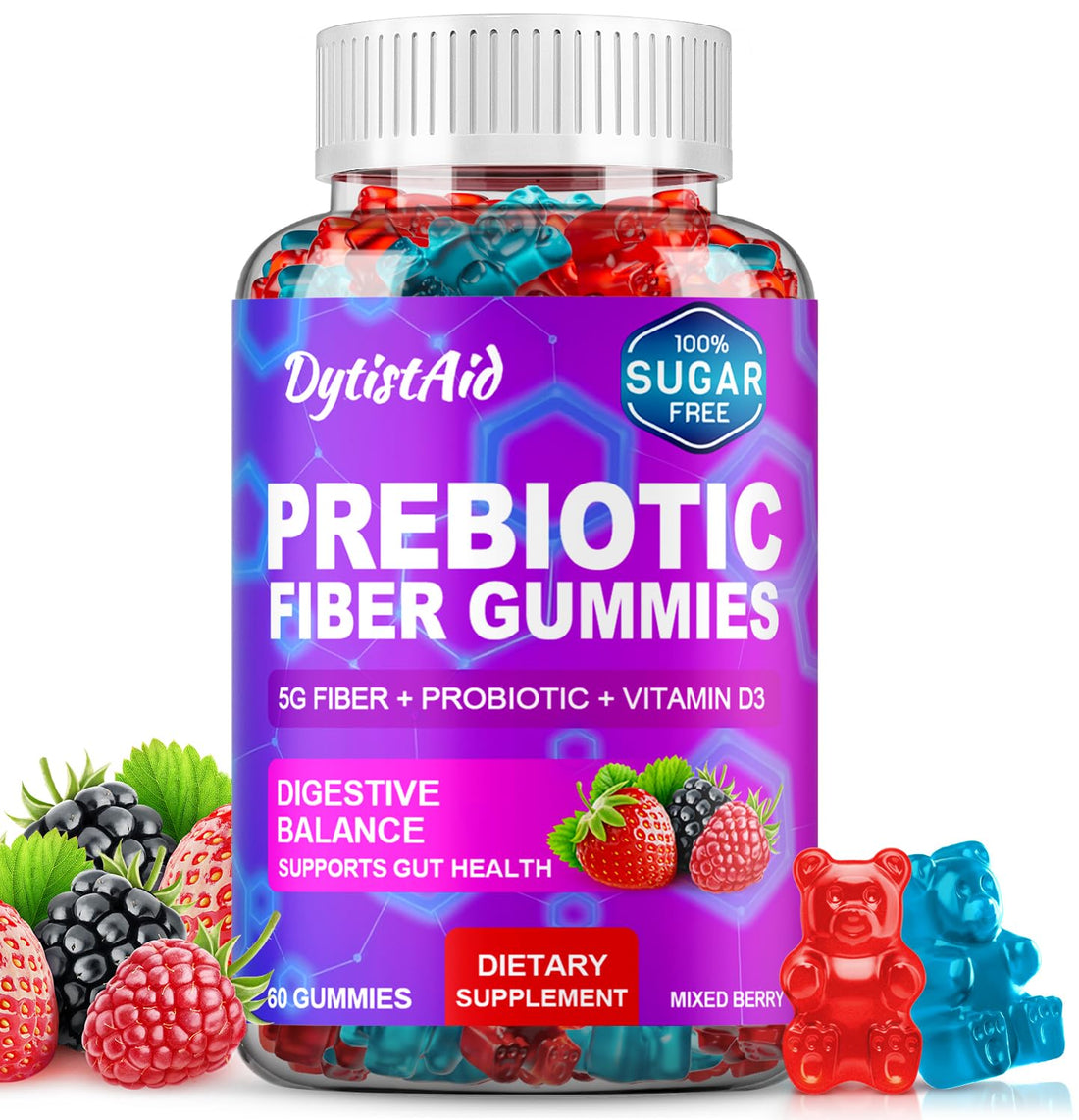 Prebiotic Fiber Gummies, 5g Fiber per Serving, 2 Billion CFU Bacillus Coagulans + Vitamin D3, Sugar Free Pectin Mixed Berry Gummies, Inulin (FOS) + Acacia - OzHealthStandard