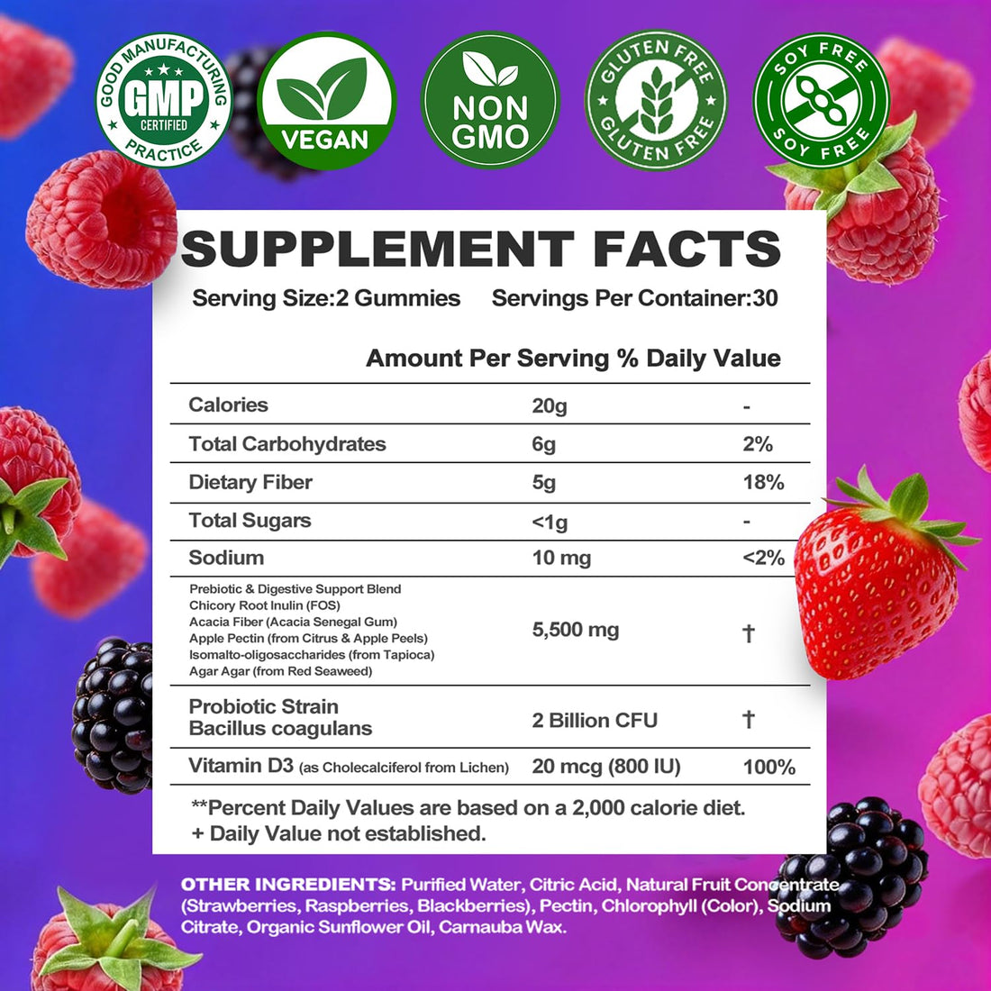 Prebiotic Fiber Gummies, 5g Fiber per Serving, 2 Billion CFU Bacillus Coagulans + Vitamin D3, Sugar Free Pectin Mixed Berry Gummies, Inulin (FOS) + Acacia - OzHealthStandard
