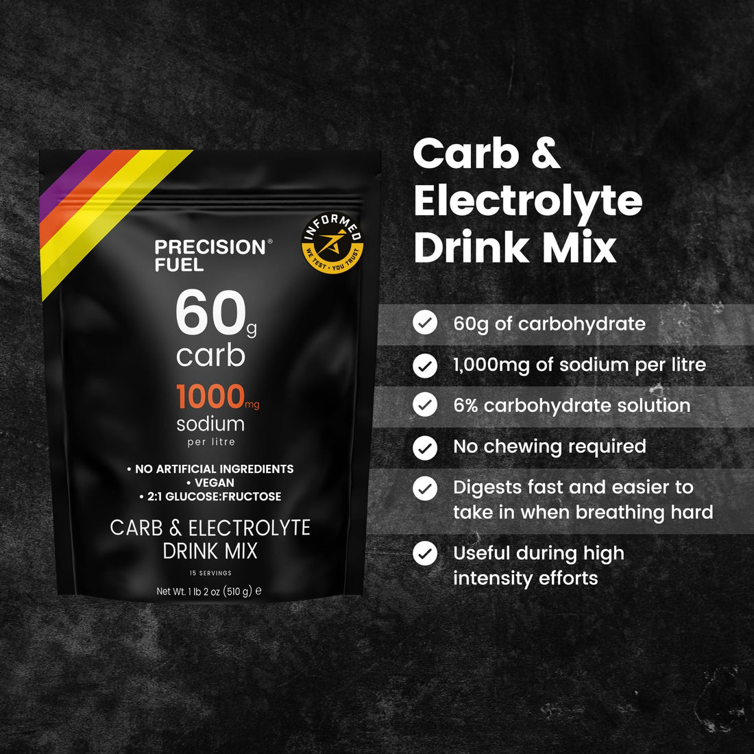 Precision Fuel PF60 Carb & Electrolyte Drink Mix Powder for Hydration & Energy - Endurance Sports Nutrition, Vegan, Hypotonic - 60g Carb, 1000mg Sodium per Litre - Mild Citrus Flavor, 1-Pack - OzHealthStandard