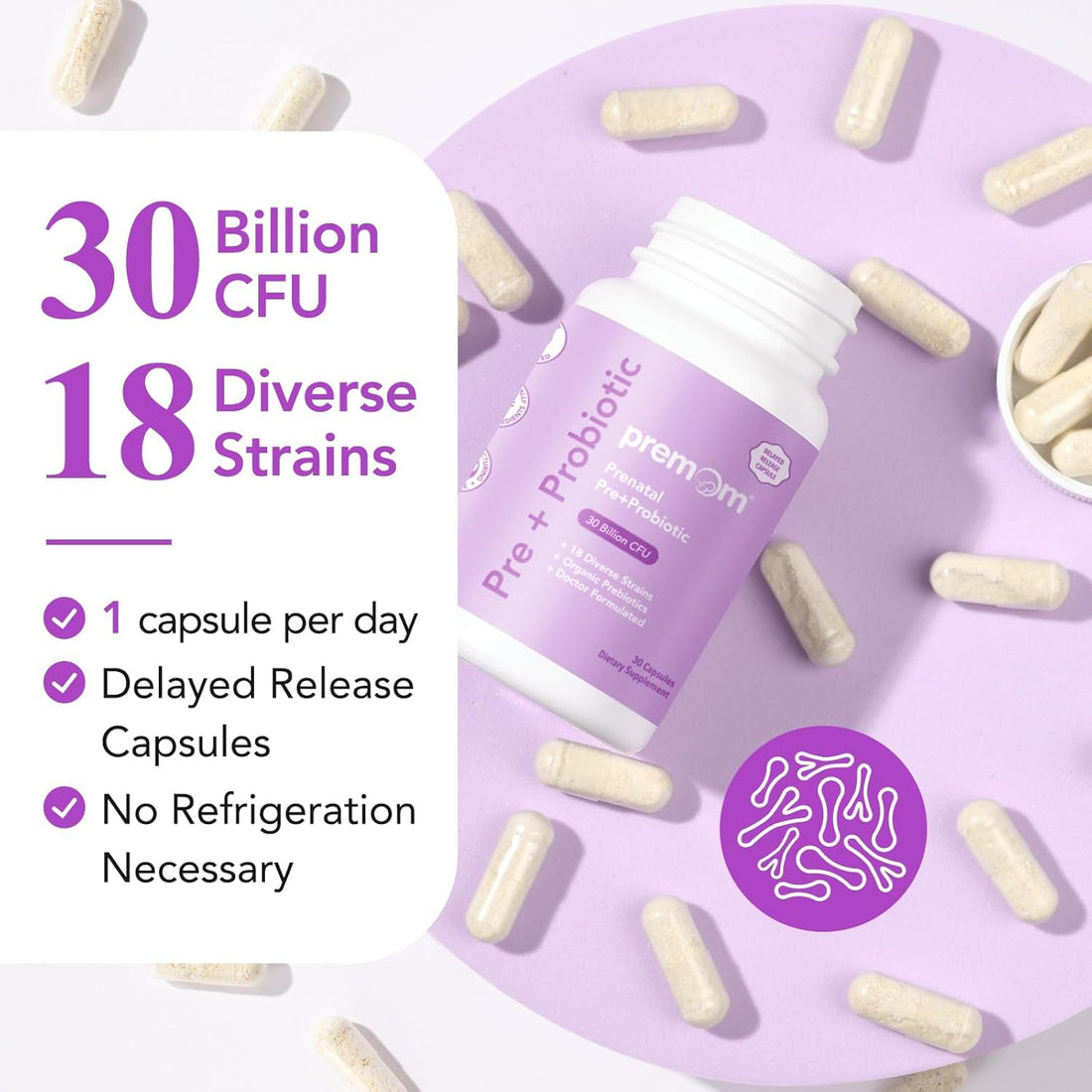 Premom Prenatal Prebiotics & Probiotics for Women, 30 Billion CFU, 18 Strains, Organic Prebiotic & Womens Probiotic, Vaginal, Gut, & Digestive Health + Immune Support Supplement - OzHealthStandard