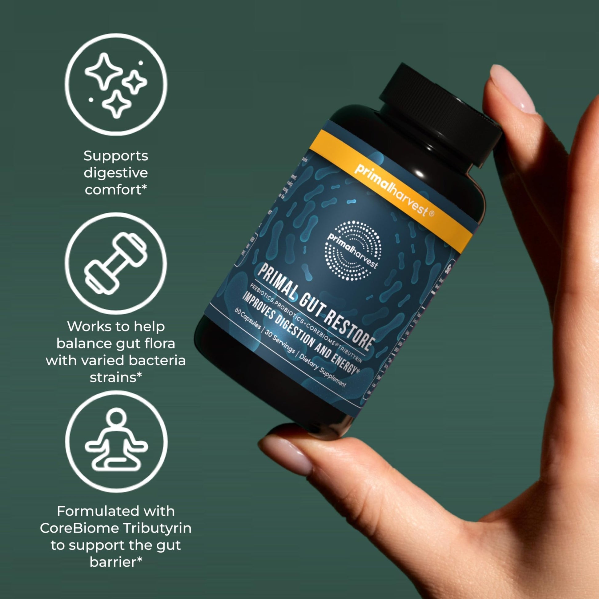 Primal Harvest 2 Pack, Restore for Gut Health, Primal Gut Restore w/POSTbiotics, PREbiotics and PRObiotics for Women and Men, 60 CT - Digestion, - OzHealthStandard