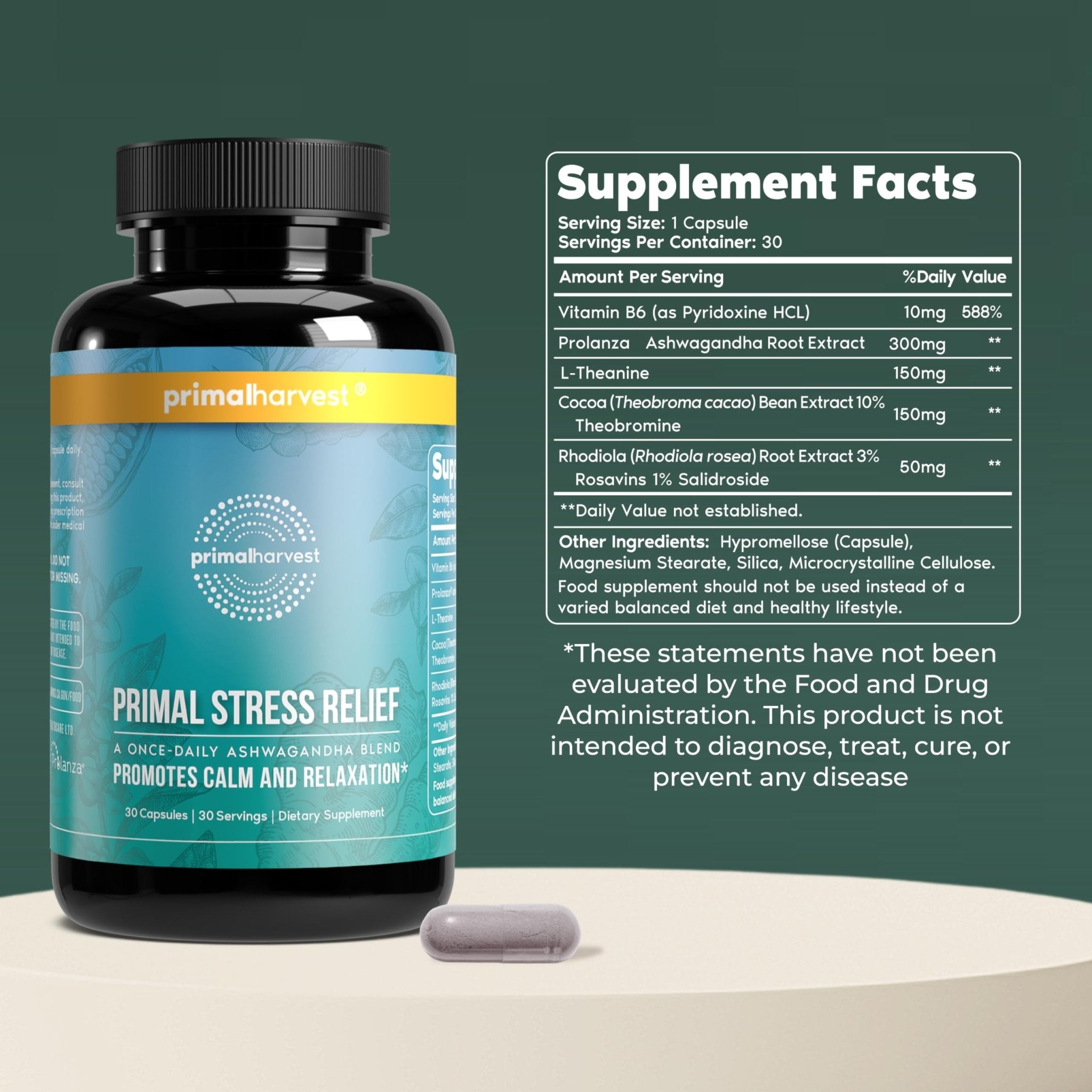 Primal Harvest Stress Relief Supplement for Women and Men Pure Ashwagandha Root Extract, L-Theanine Supplements, 30 Capsules - OzHealthStandard