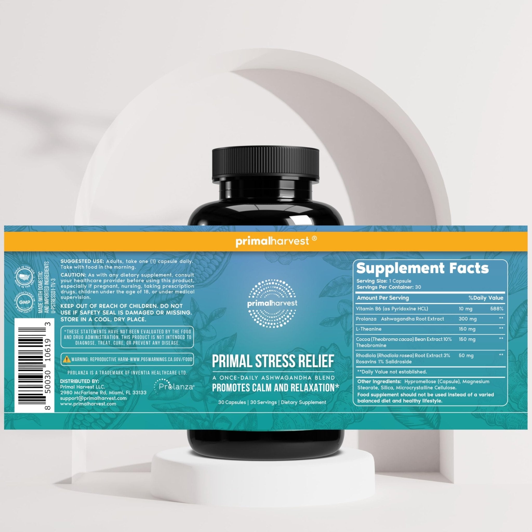 Primal Harvest Stress Relief Supplement for Women and Men Pure Ashwagandha Root Extract, L-Theanine Supplements, 30 Capsules - OzHealthStandard