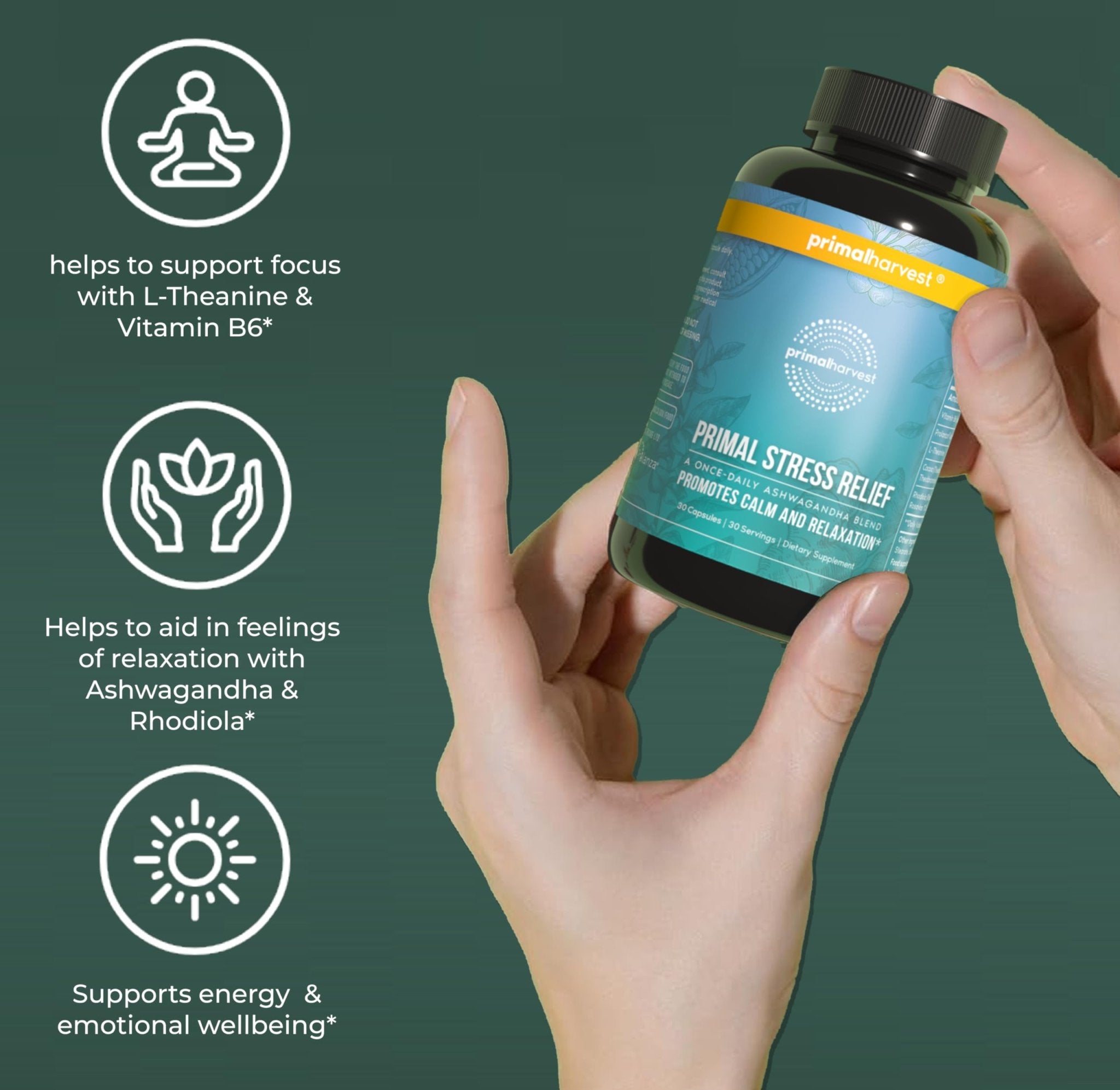 Primal Harvest Stress Relief Supplement for Women and Men Pure Ashwagandha Root Extract, L-Theanine Supplements, 30 Capsules - OzHealthStandard