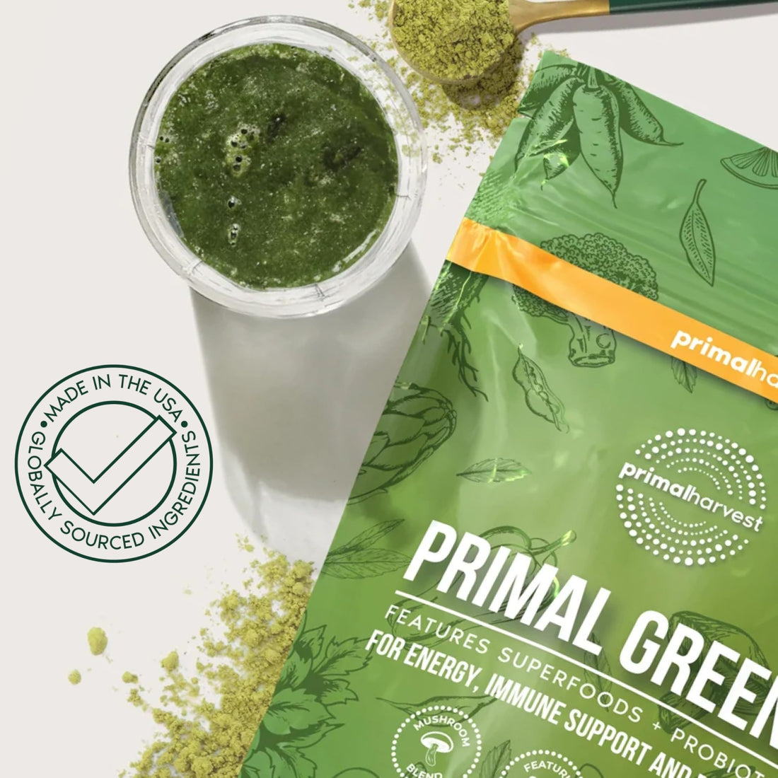 Primal Harvest Super Greens Powder, 30 Servings w/+50 Greens Superfood Chlorella, Probiotics, Green Tea, Wheatgrass, - OzHealthStandard