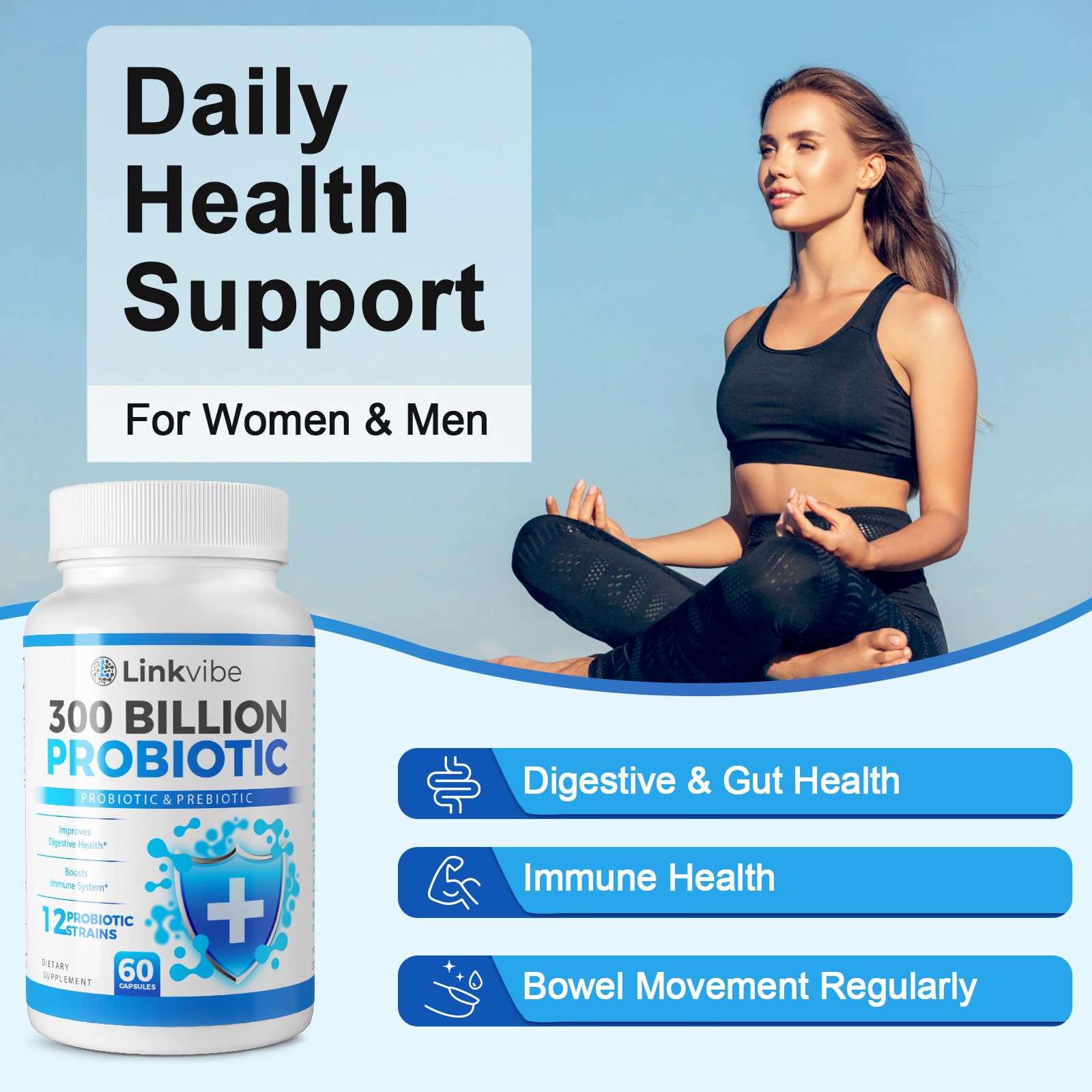 Probiotic 300 Billion CFU - 12 Strains with Organic Prebiotics for Digestive & Gut, Immune, Bloating Health - Probiotics for Women and Men - Daily Dairy Free, Shelf Stable - 60 Counts - OzHealthStandard
