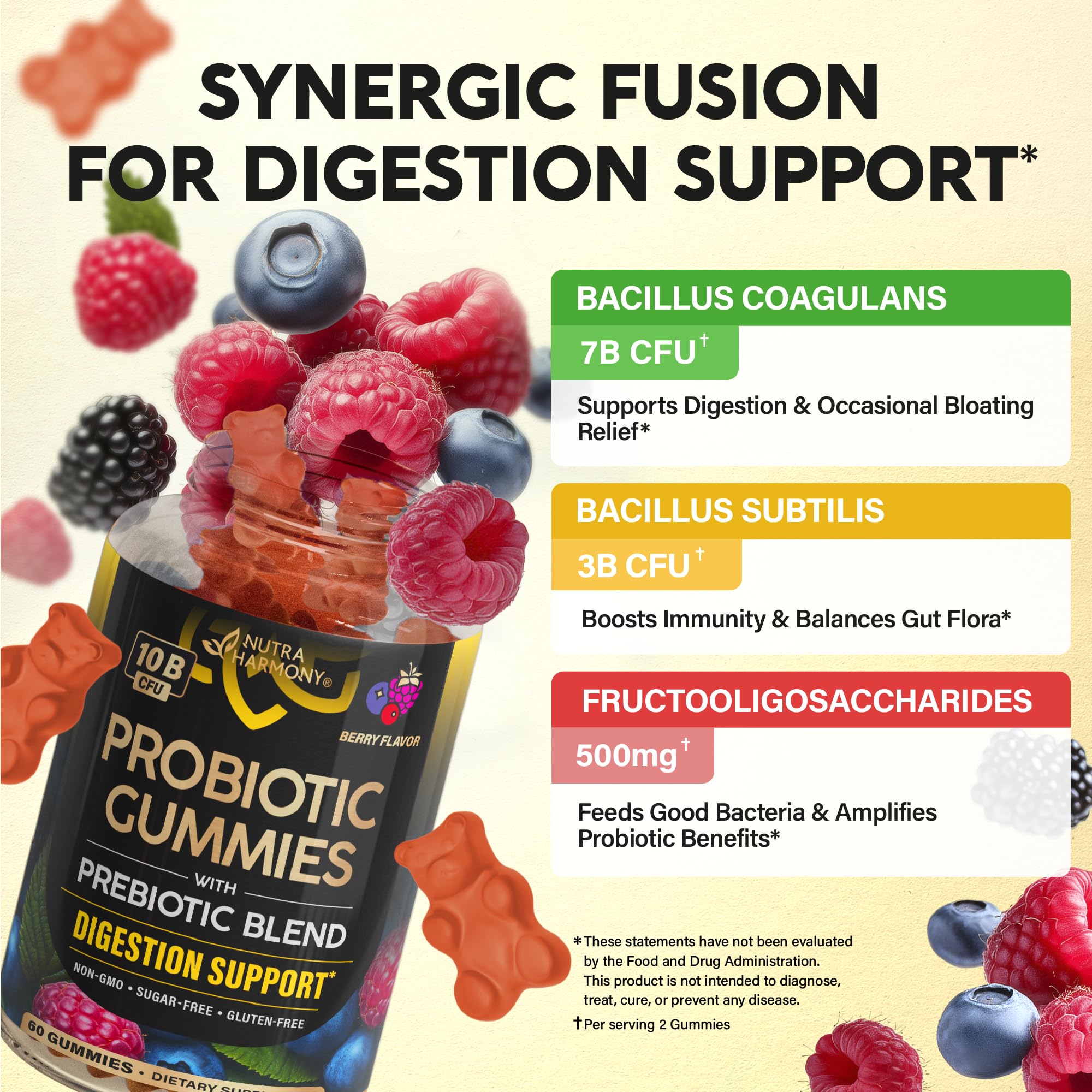 Probiotic Gummies 10B CFU with Prebiotic Fiber - Digestion & Immune Support - Debloat, Stomach & Gut Comfort - Probiotics for Women & Men - Natural Berry Flavor - Vegan & Sugar-free - 60 Gummies - OzHealthStandard