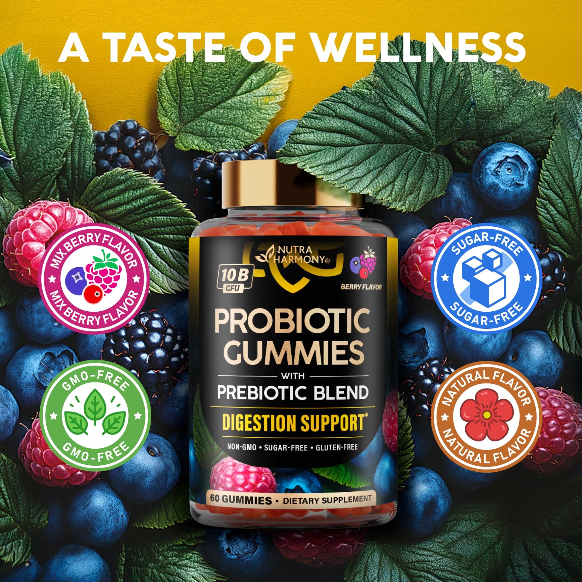 Probiotic Gummies 10B CFU with Prebiotic Fiber - Digestion & Immune Support - Debloat, Stomach & Gut Comfort - Probiotics for Women & Men - Natural Berry Flavor - Vegan & Sugar-free - 60 Gummies - OzHealthStandard
