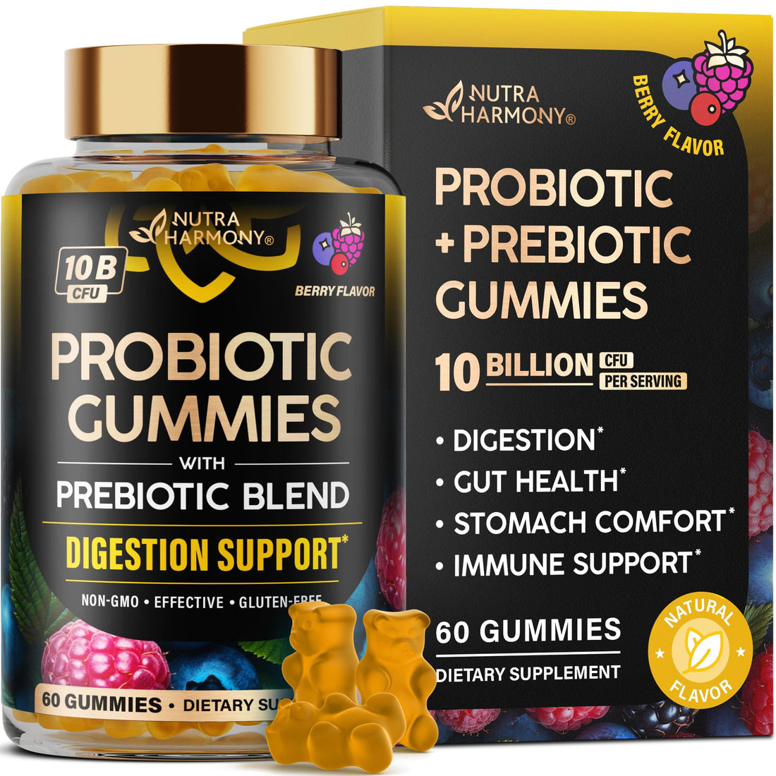 Probiotic Gummies 10B CFU with Prebiotic Fiber - Digestion & Immune Support - Debloat, Stomach & Gut Comfort - Probiotics for Women & Men - Natural Berry Flavor - Vegan & Sugar-free - 60 Gummies - OzHealthStandard