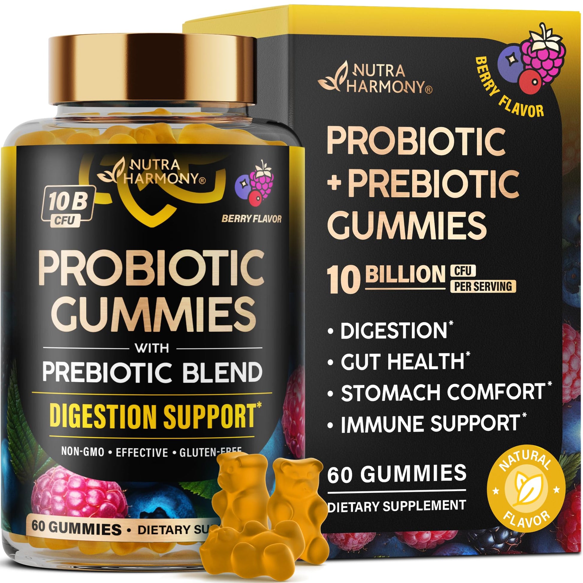 Probiotic Gummies 10B CFU with Prebiotic Fiber - Digestion & Immune Support - Debloat, Stomach & Gut Comfort - Probiotics for Women & Men - Natural Berry Flavor - Vegan & Sugar-free - 60 Gummies - OzHealthStandard