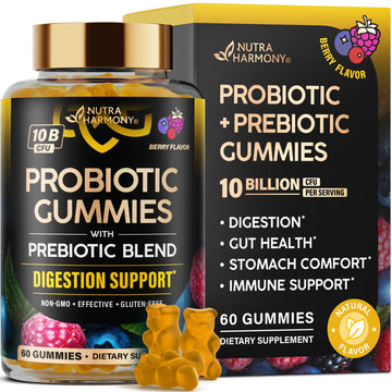 Probiotic Gummies 10B CFU with Prebiotic Fiber - Digestion & Immune Support - Debloat, Stomach & Gut Comfort - Probiotics for Women & Men - Natural Berry Flavor - Vegan & Sugar-free - 60 Gummies - OzHealthStandard