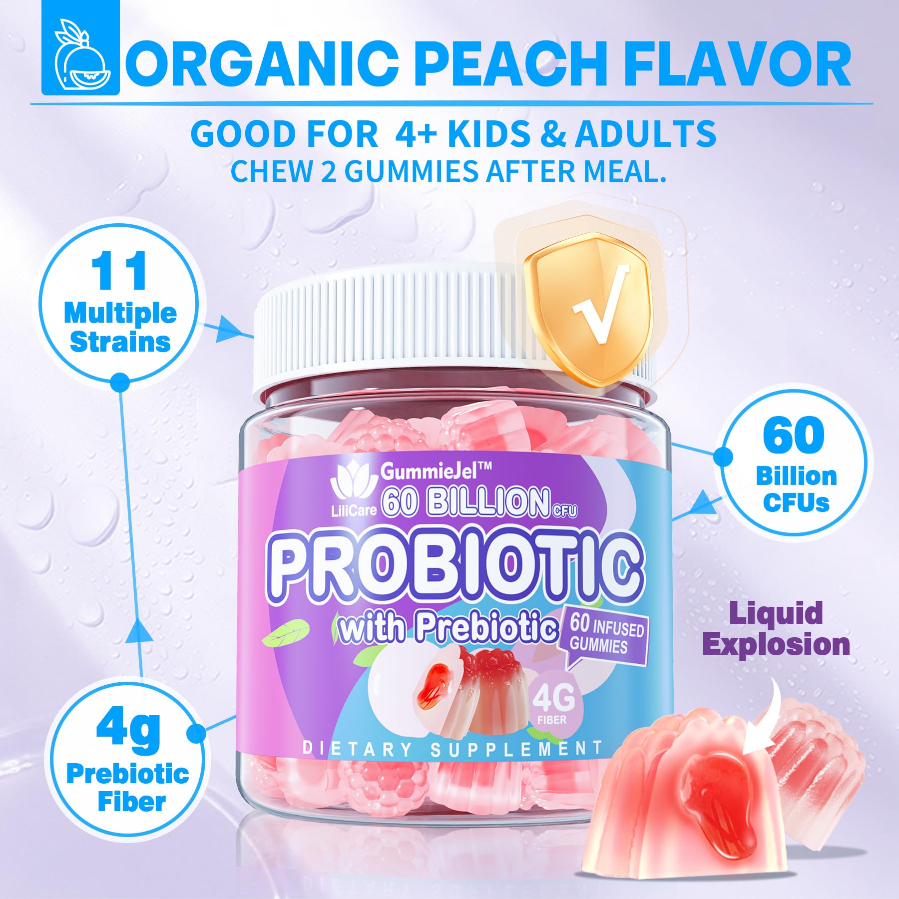 Probiotic Gummies 60 Billion CFU for Women Men & Kids, 11 Strains Probiotics + Organic Prebiotics Fiber for Immune, Digestive Health, Supports Constipation, - OzHealthStandard