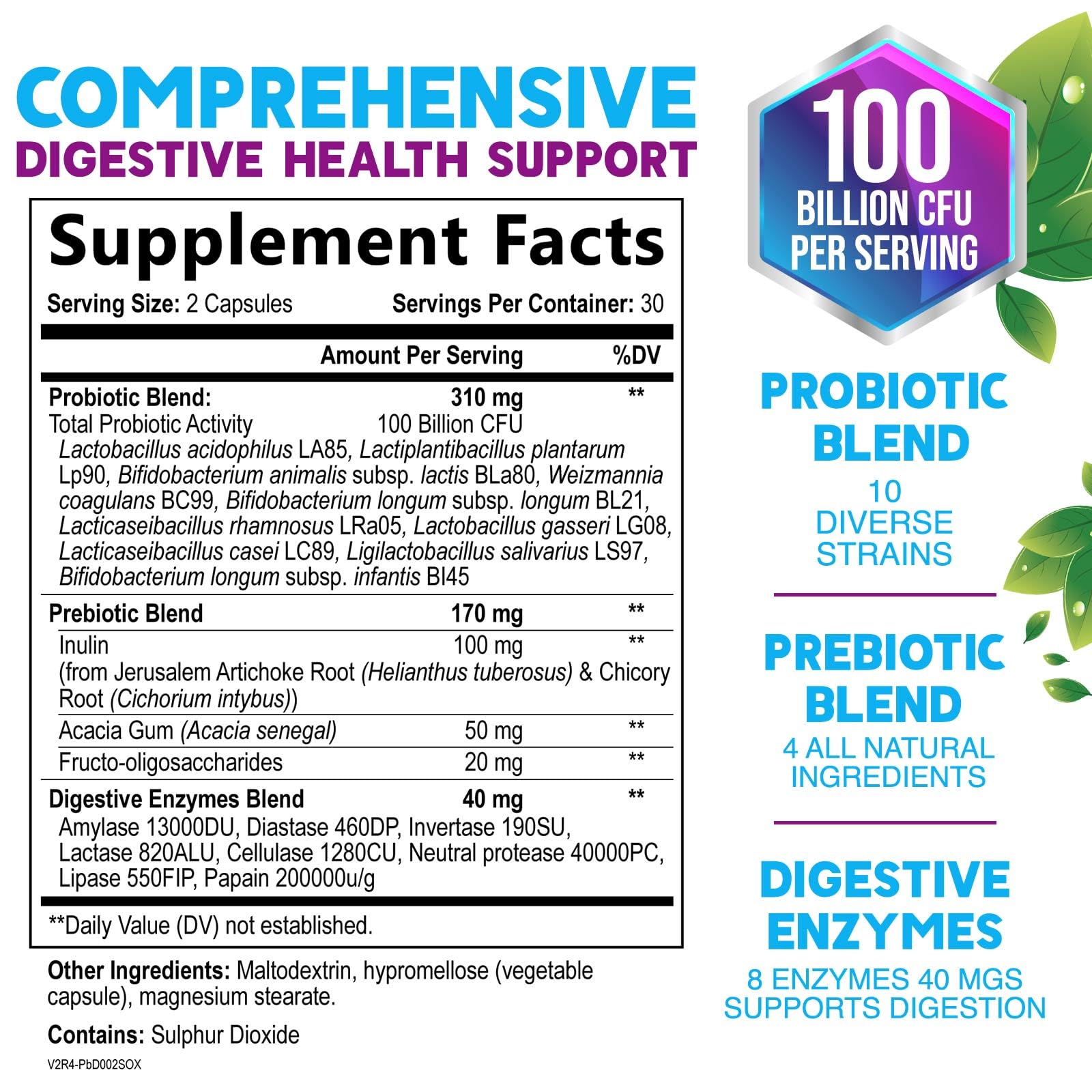 Probiotics 100 Billion CFU Per Serving - 10 Probiotic Strains & Prebiotics - Digestive Gut Health, Immune Support & Occasional Constipation, Gas & Bloating - Daily Supplement For Adults - 60 Capsules - OzHealthStandard
