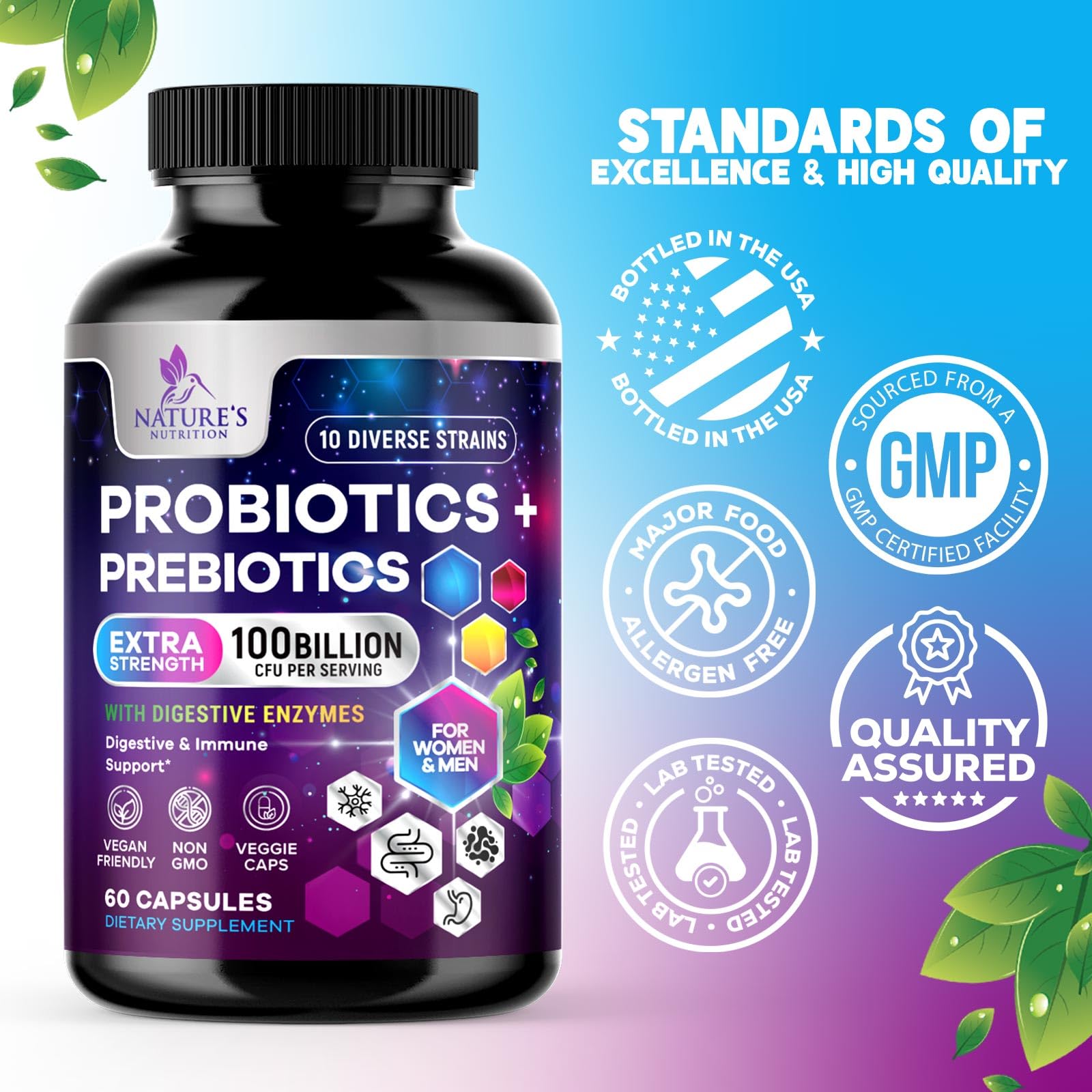 Probiotics 100 Billion CFU Per Serving - 10 Probiotic Strains & Prebiotics - Digestive Gut Health, Immune Support & Occasional Constipation, Gas & Bloating - Daily Supplement For Adults - 60 Capsules - OzHealthStandard