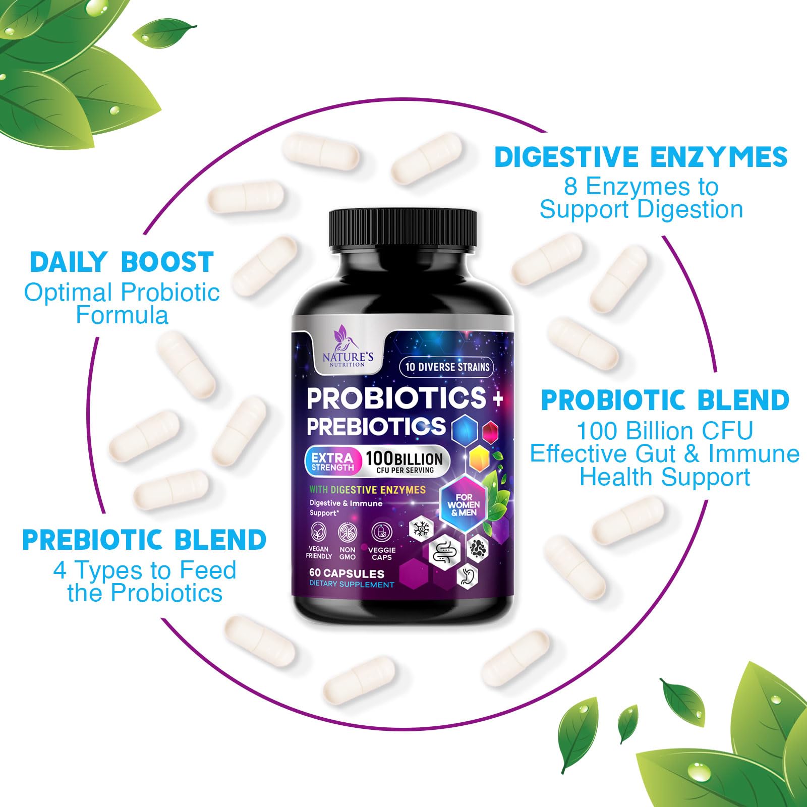 Probiotics 100 Billion CFU Per Serving - 10 Probiotic Strains & Prebiotics - Digestive Gut Health, Immune Support & Occasional Constipation, Gas & Bloating - Daily Supplement For Adults - 60 Capsules - OzHealthStandard