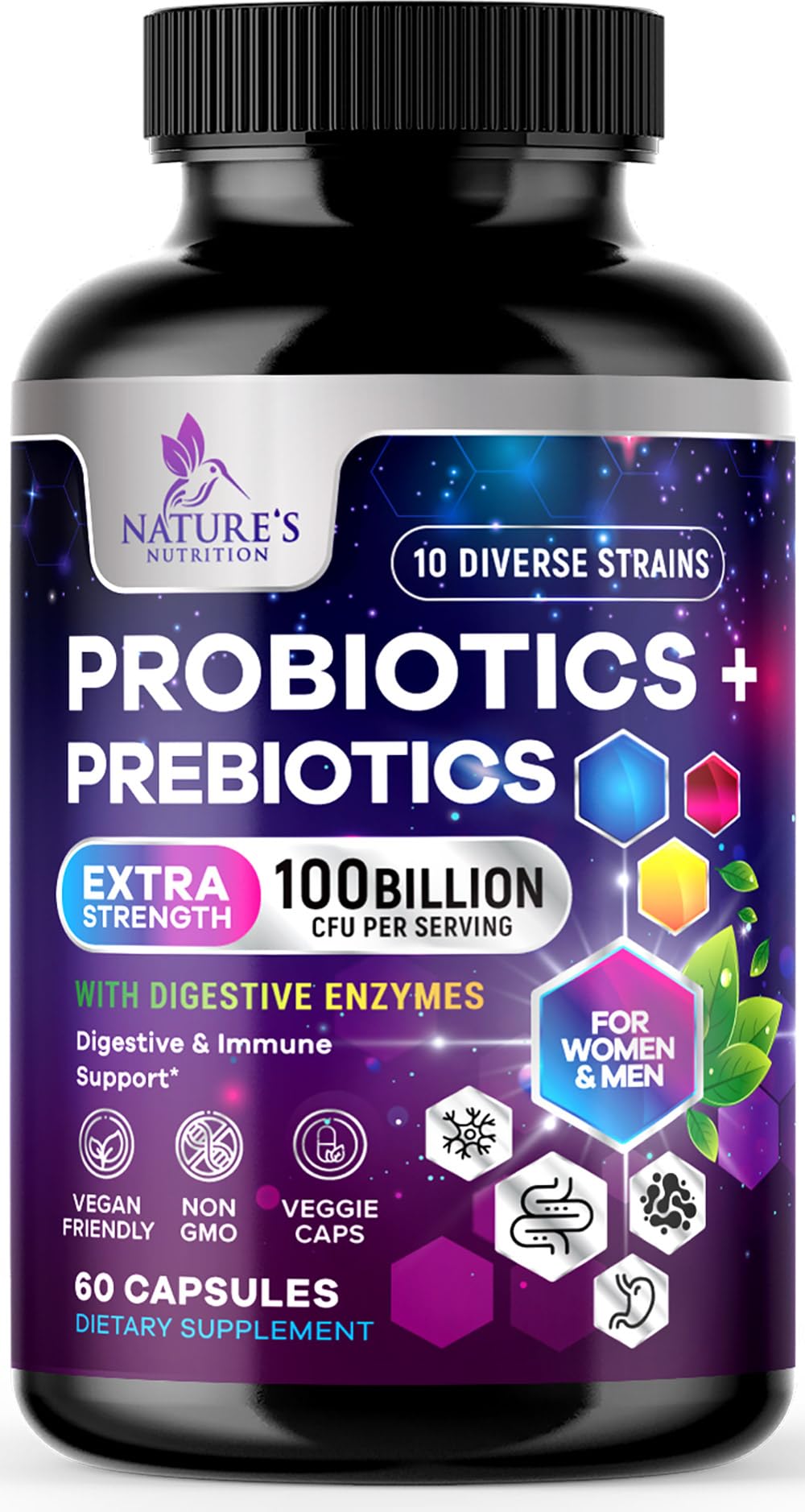 Probiotics 100 Billion CFU Per Serving - 10 Probiotic Strains & Prebiotics - Digestive Gut Health, Immune Support & Occasional Constipation, Gas & Bloating - Daily Supplement For Adults - 60 Capsules - OzHealthStandard