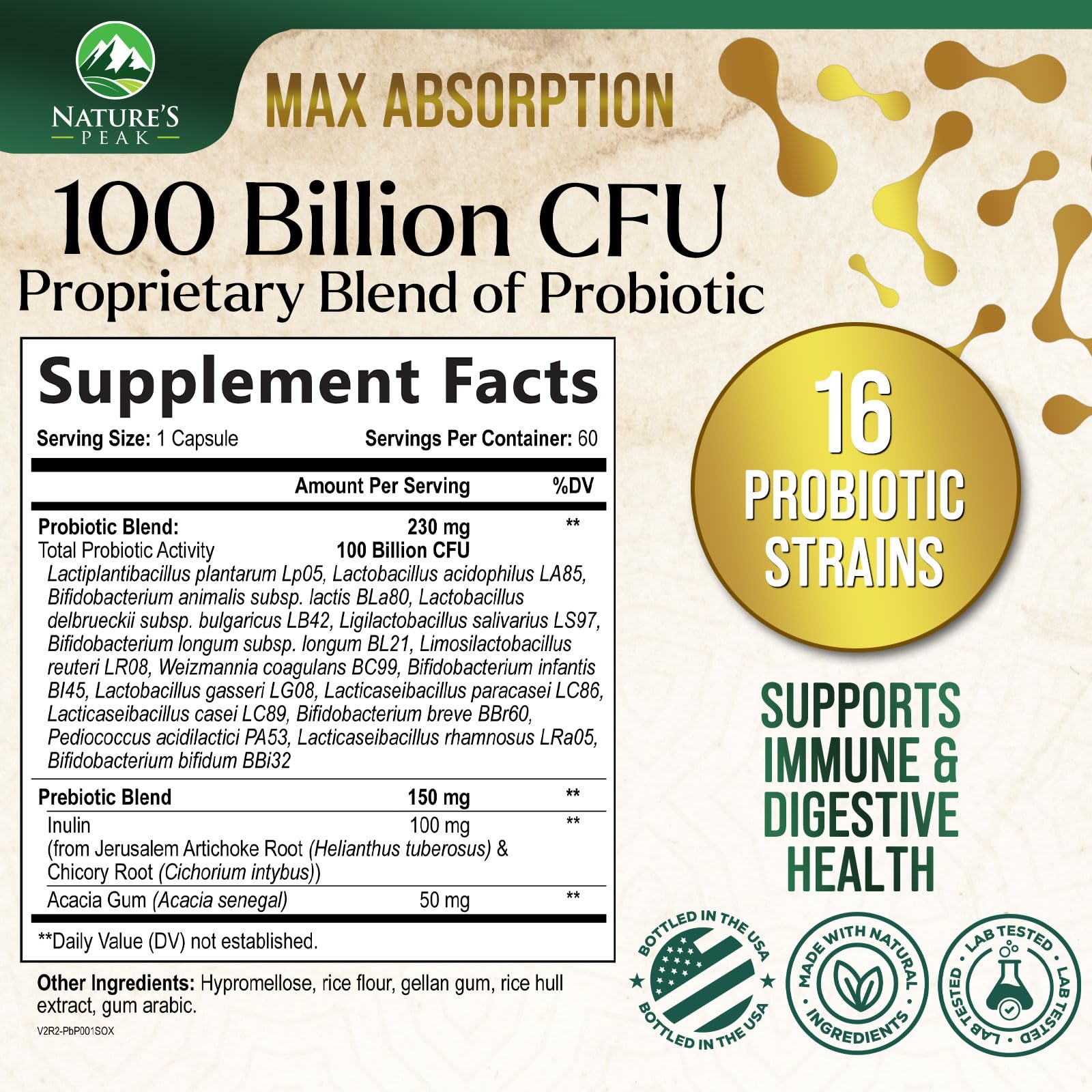 Probiotics 100 Billion CFU Per Serving - 16 Premium Probiotic Strains Prebiotics - Immune Support, Gut Health, Occasional Constipation, Gas & Bloating, Probiotics Supplement, USA Bottled, 60 Capsules - OzHealthStandard