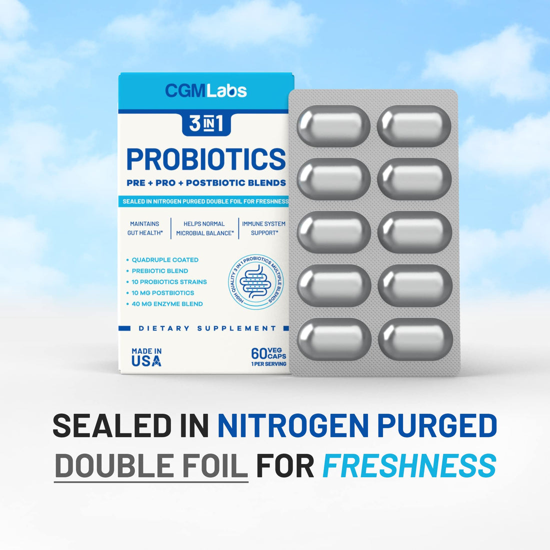 Probiotics 3 in 1 - Prebiotics + Probiotics + Postbiotics All in one! Nitrogen Purged, Individually Packed in Double-foil Blister for Freshness - 60 Veg caps by CGM Labs - OzHealthStandard