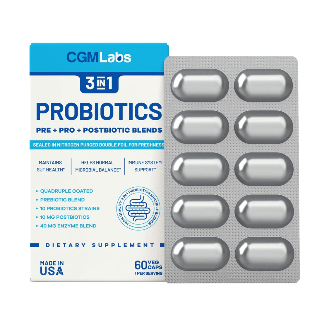 Probiotics 3 in 1 - Prebiotics + Probiotics + Postbiotics All in one! Nitrogen Purged, Individually Packed in Double-foil Blister for Freshness - 60 Veg caps by CGM Labs - OzHealthStandard