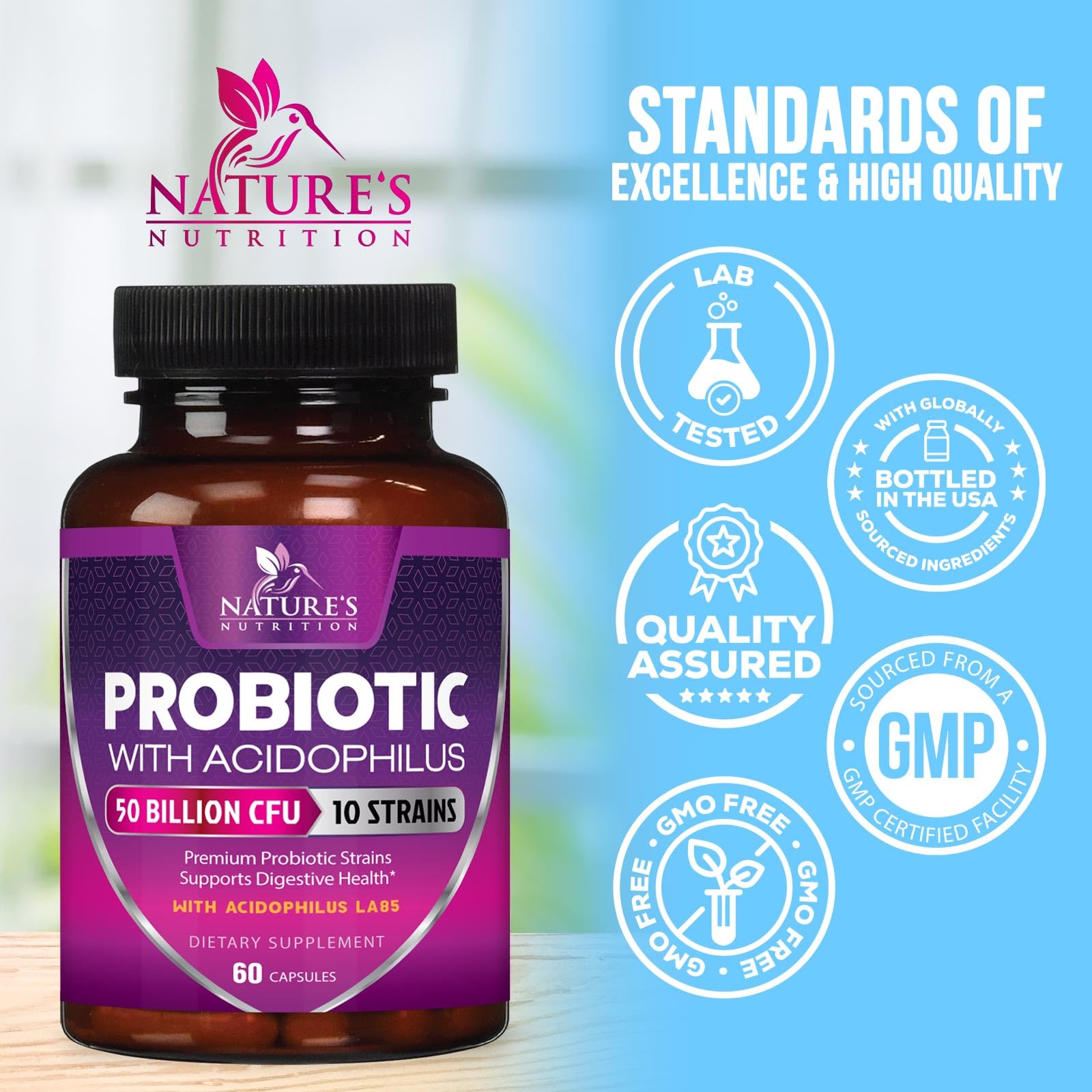 Probiotics 50 Billion CFU per Serving - 10 Strains + Prebiotics - Digestive Health, Gut & Immune Support - Supports Occasional Constipation, Gas & Bloating for Women & Men Shelf Stable - 60 Capsules - OzHealthStandard