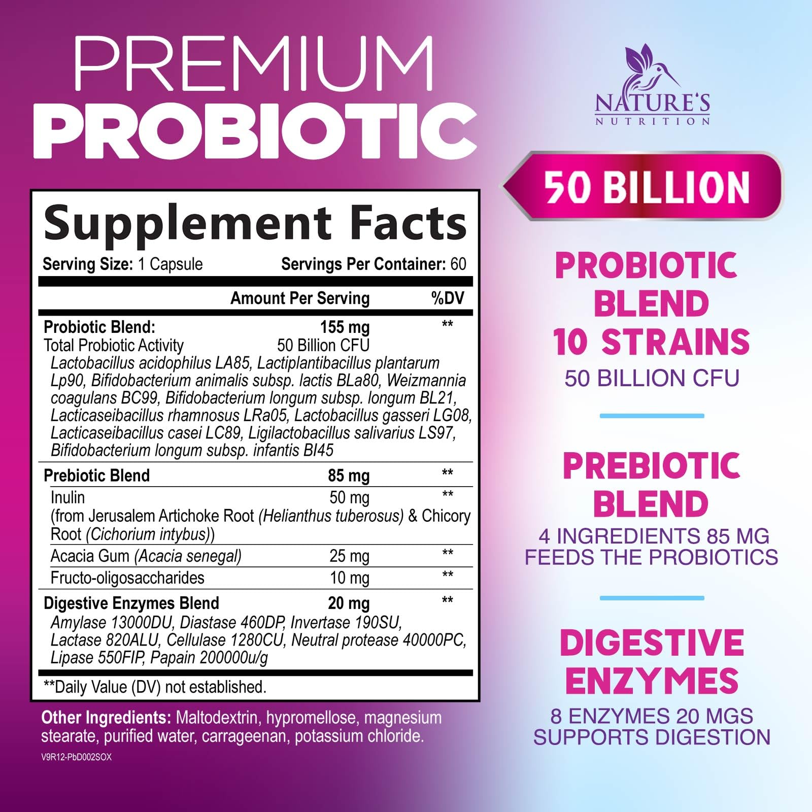 Probiotics 50 Billion CFU per Serving - 10 Strains + Prebiotics - Digestive Health, Gut & Immune Support - Supports Occasional Constipation, Gas & Bloating for Women & Men Shelf Stable - 60 Capsules - OzHealthStandard
