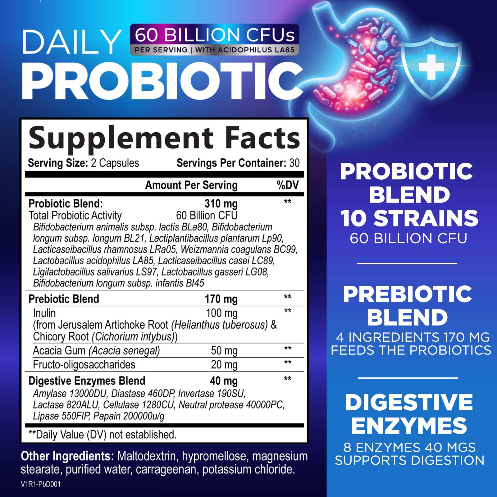 Probiotics 60 Billion CFU - 10 Strains + Digestive Enzymes & Prebiotics - Best Probiotic for Women & Men, Supports Immune, Gut Health, Occasional Constipation, Diarrhea, Gas & Bloating - 60 Capsules - OzHealthStandard