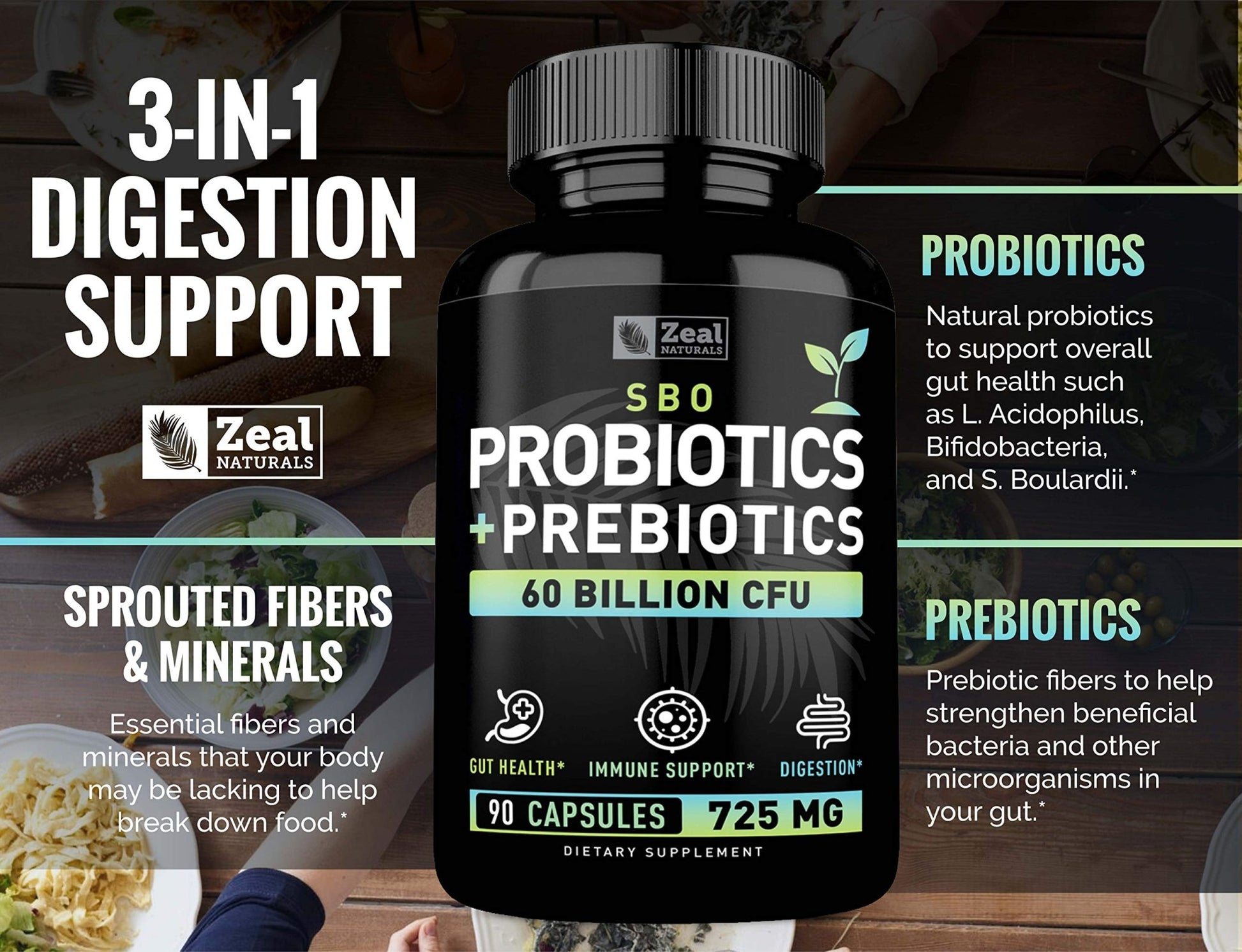 Probiotics and Prebiotics + SBO Probiotics (60 Billion CFU | 90 Capsules) Acidophilus Probiotic w. Saccharomyces Boulardii, Bifidobacterium + Spore Probiotic & Organic Sprouted Prebiotic Fiber Blend - OzHealthStandard