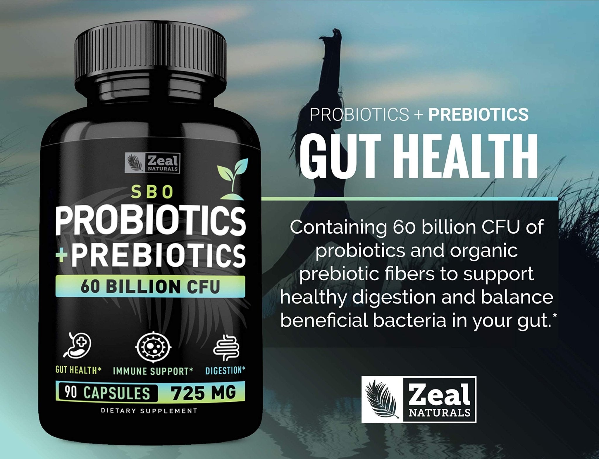 Probiotics and Prebiotics + SBO Probiotics (60 Billion CFU | 90 Capsules) Acidophilus Probiotic w. Saccharomyces Boulardii, Bifidobacterium + Spore Probiotic & Organic Sprouted Prebiotic Fiber Blend - OzHealthStandard