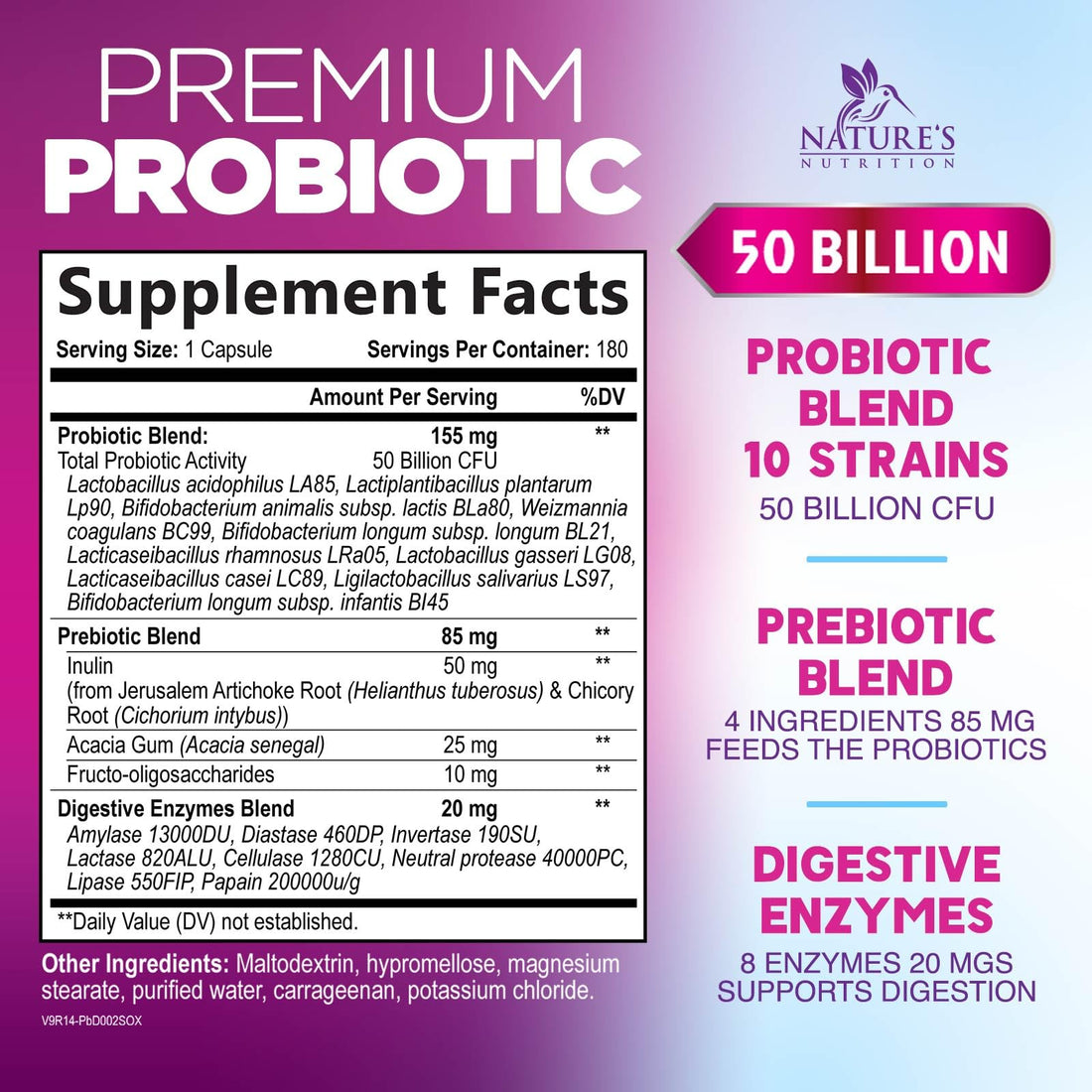 Probiotics for Digestive Gut Health - 50 Billion CFU Per Capsule, 10 Premium Strains & Prebiotics - Best Probiotics for Women & Men, Occasional Constipation, Gas, Immune Health Support - 180 Capsules - OzHealthStandard
