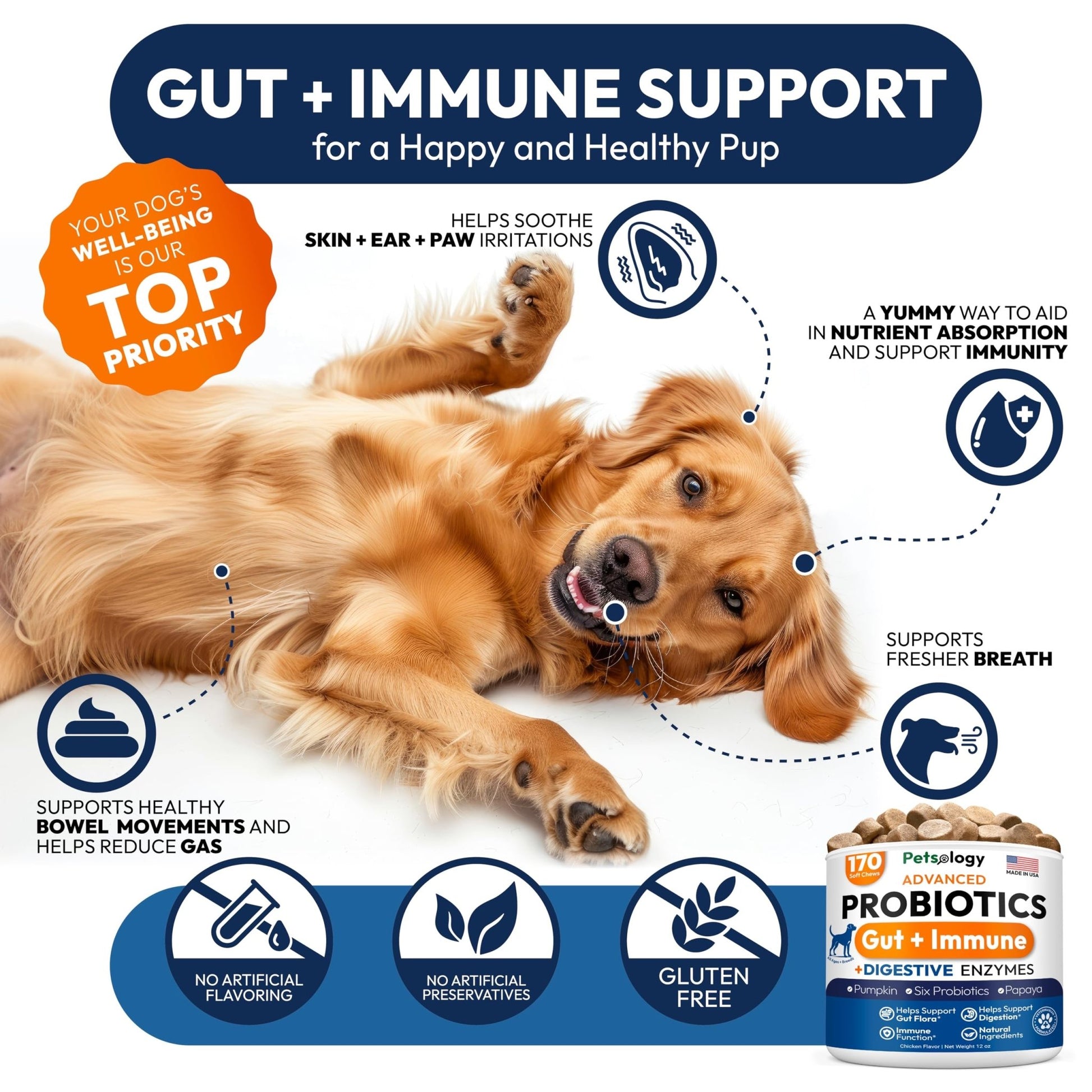Probiotics for Dogs - 170 Dog Probiotics Chews - Digestive Enzymes & Prebiotics - Support Gut Health, Diarrhea, Gas & Constipation Relief - Itchy Skin, Allergies, Yeast Balance - Advanced Supplement - OzHealthStandard