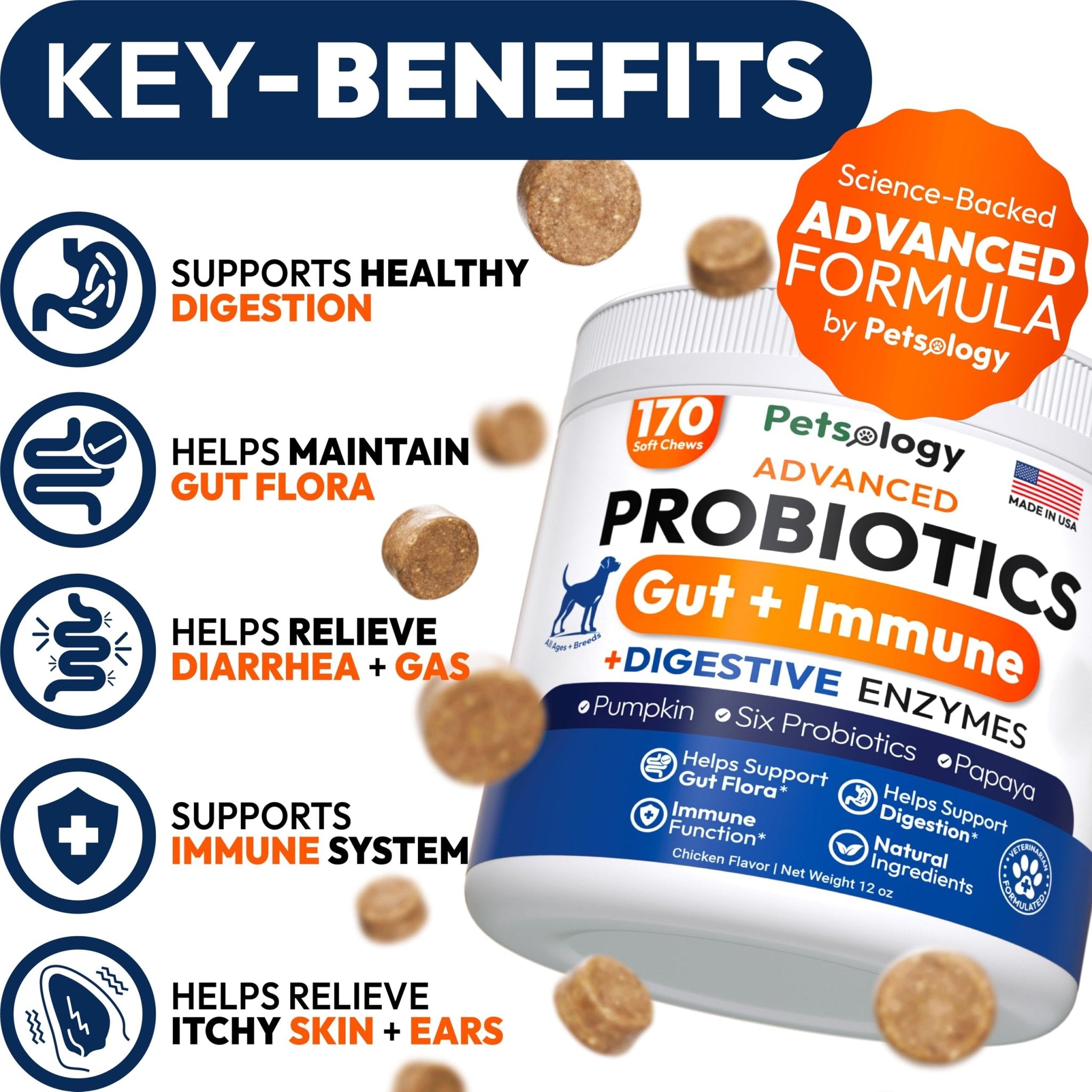 Probiotics for Dogs - 170 Dog Probiotics Chews - Digestive Enzymes & Prebiotics - Support Gut Health, Diarrhea, Gas & Constipation Relief - Itchy Skin, Allergies, Yeast Balance - Advanced Supplement - OzHealthStandard