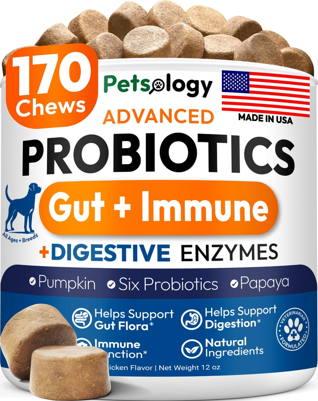 Probiotics for Dogs - 170 Dog Probiotics Chews - Digestive Enzymes & Prebiotics - Support Gut Health, Diarrhea, Gas & Constipation Relief - Itchy Skin, Allergies, Yeast Balance - Advanced Supplement - OzHealthStandard