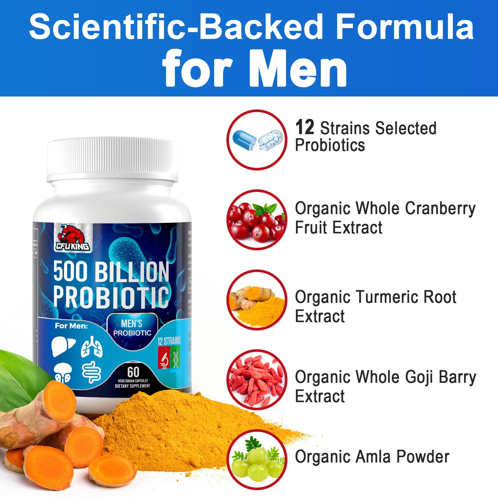 Probiotics for Men, 500 Billion CFU & 12 Mens Probiotic for Digestive Health + 4 Organic Prebiotic Fiber, for Digestive, Gut, Immune Health, Bloating, Gas, Energy Support, Shelf Stable - 120 Capsules - OzHealthStandard
