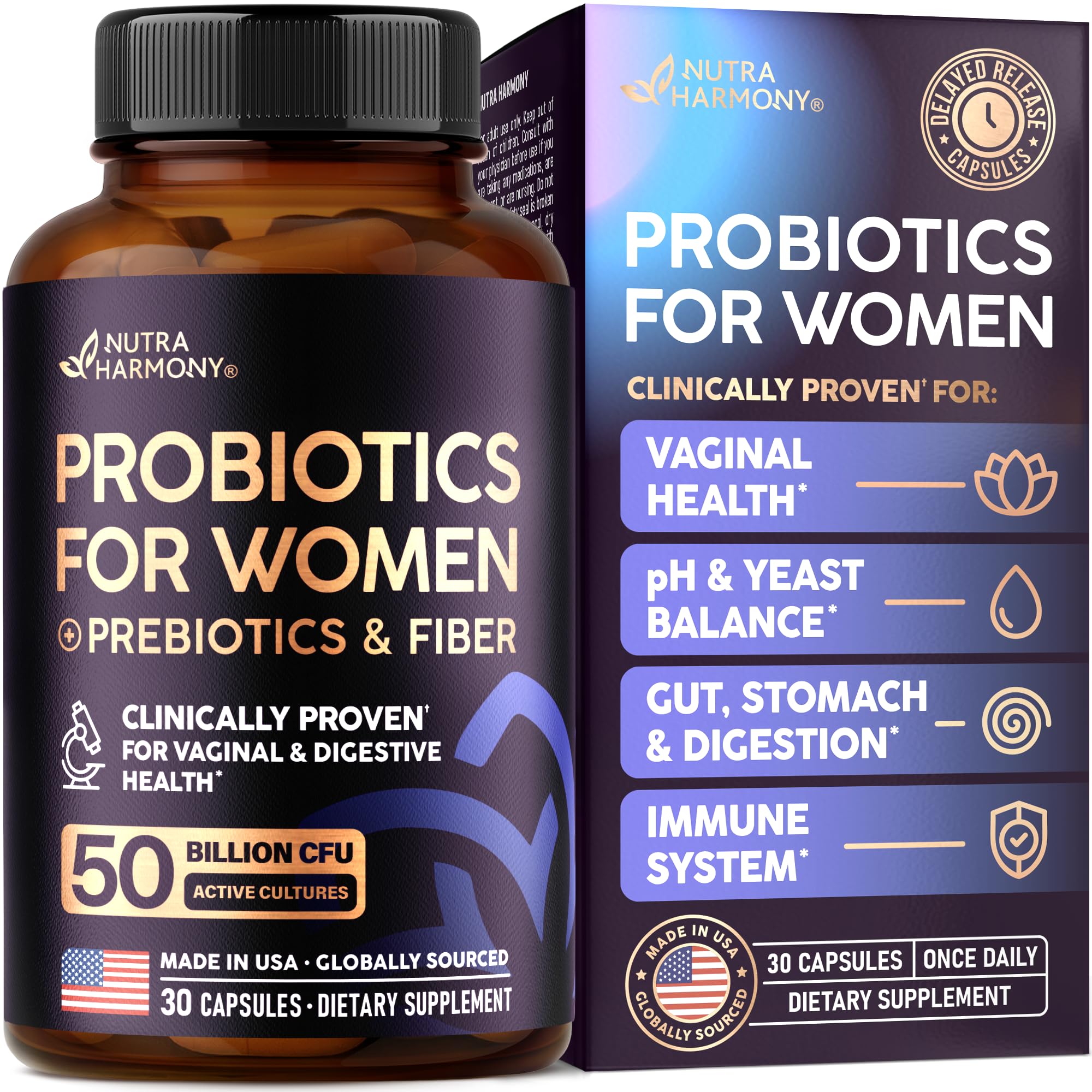 Probiotics for Women 50 Billion CFU - Vaginal Probiotics Clinically Proven for Yeast & pH Balance - Digestion & Bloating Relief - 8 Strains + Prebiotics - Delay Release - Made in USA, 30 Capsules - OzHealthStandard