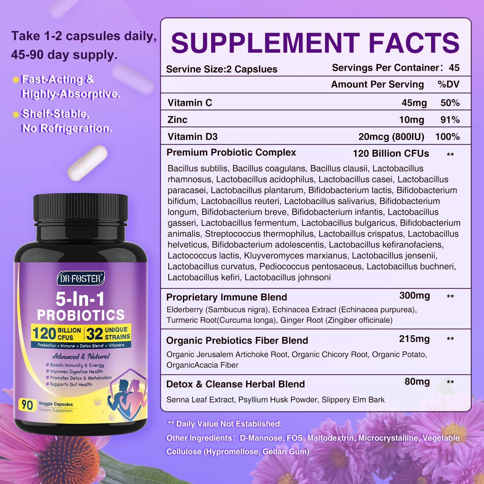 Probiotics for Women & Men Digestive Health，120 Billion CFUs, Prebiotics and Probiotics for Gut Health, D3, Zinc & Immune Support Herbs, Detox Cleanse, 45 Day - 3 Month Supply - OzHealthStandard
