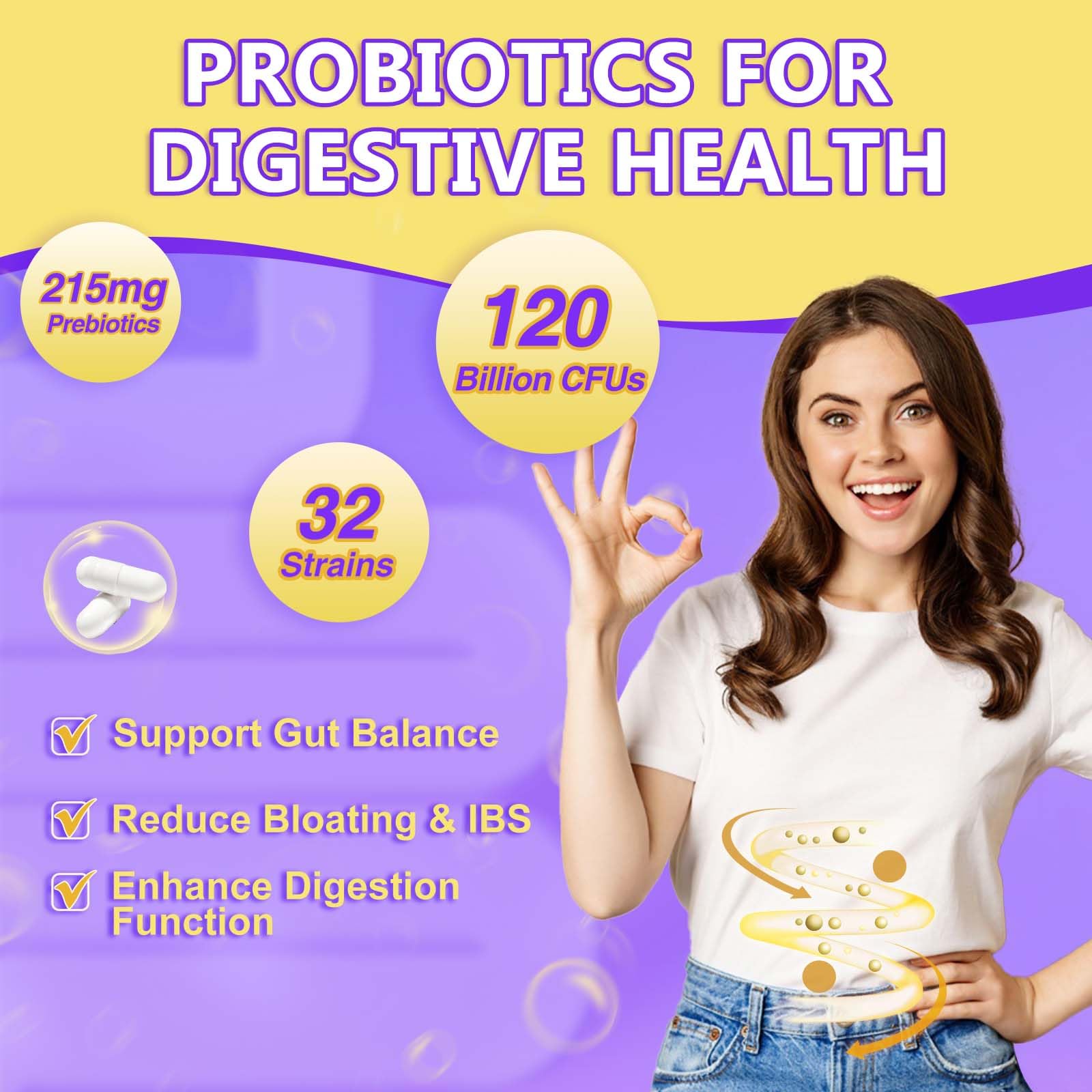 Probiotics for Women & Men Digestive Health，120 Billion CFUs, Prebiotics and Probiotics for Gut Health, D3, Zinc & Immune Support Herbs, Detox Cleanse, 45 Day - 3 Month Supply - OzHealthStandard