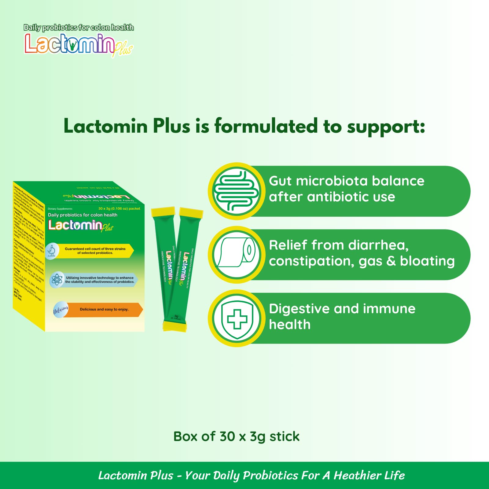 Probiotics - LactominPlus-3 Probiotics Strains - Powder - Sweet Yogurt Flavor - 30 Sticks x 3g (1month), 1.5 Billion CFU, with Prebiotics(FOS), Constipation & Bloating Relief, Microencapsulated - OzHealthStandard